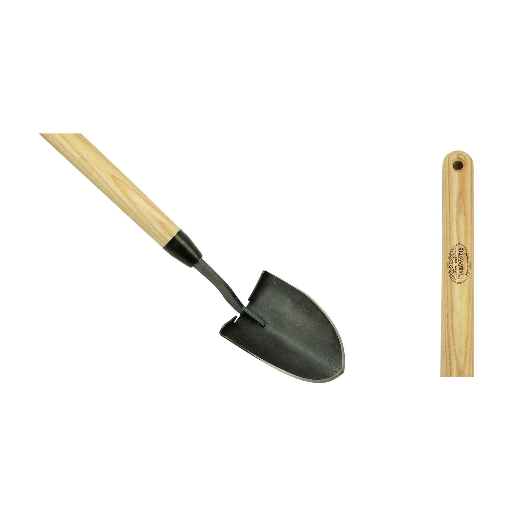 DeWit Mini American Welldone Shovel Long Handle, tempered boron steel head, FSC-certified ash hardwood handle.