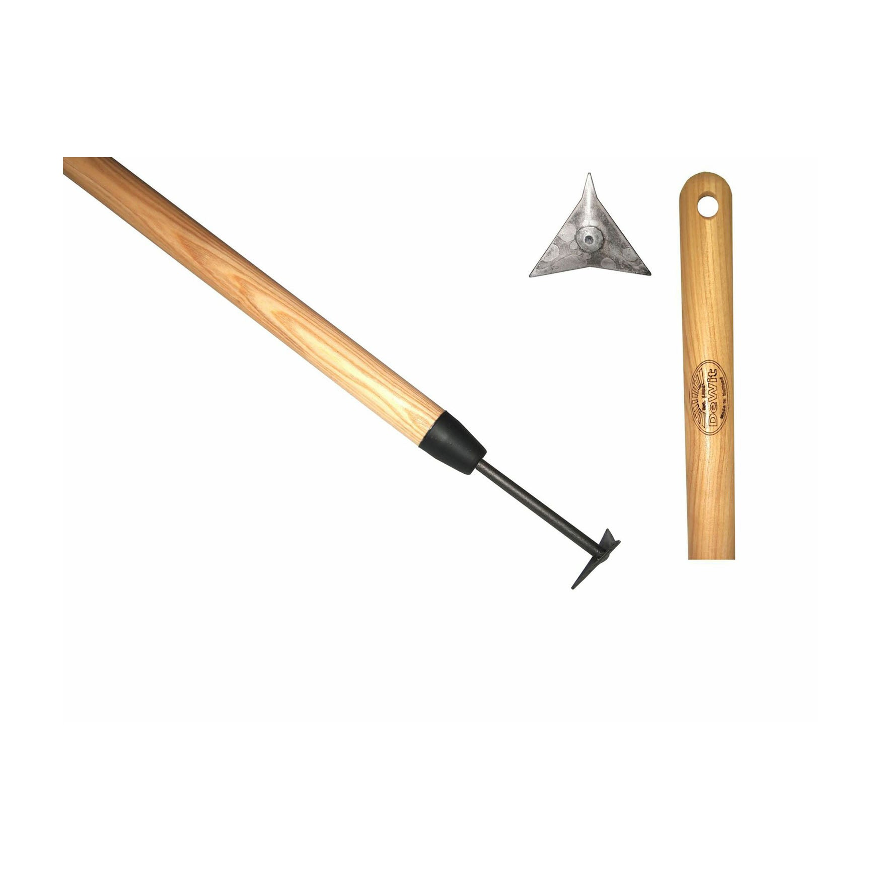 DeWit Paver Long Handle Triangle Patio Knife Tool with three V-shaped weeding blades and ash hardwood handle.