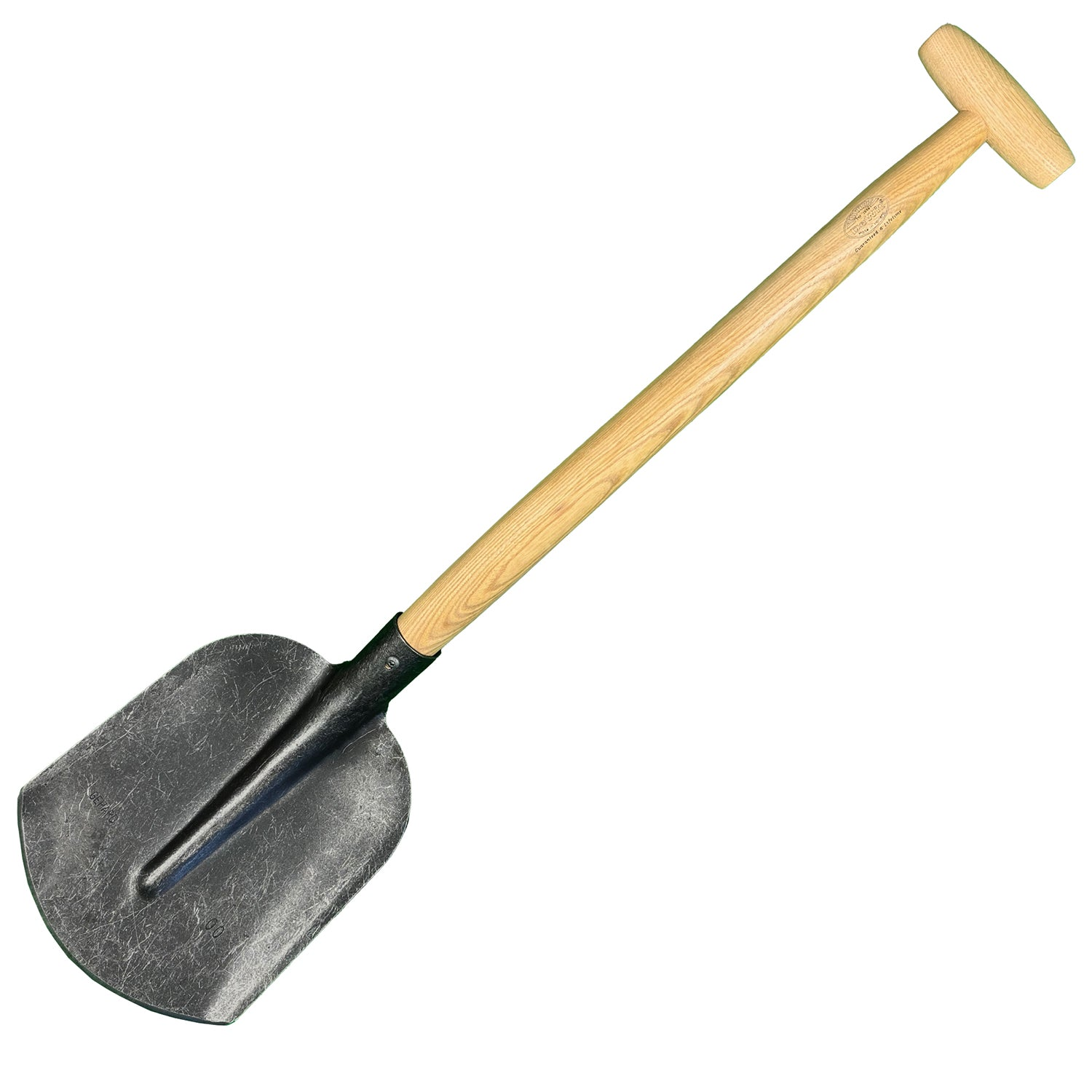 DeWit Rounded Shovel with T-handle, 32-inch length, forged steel head, ash hardwood handle.