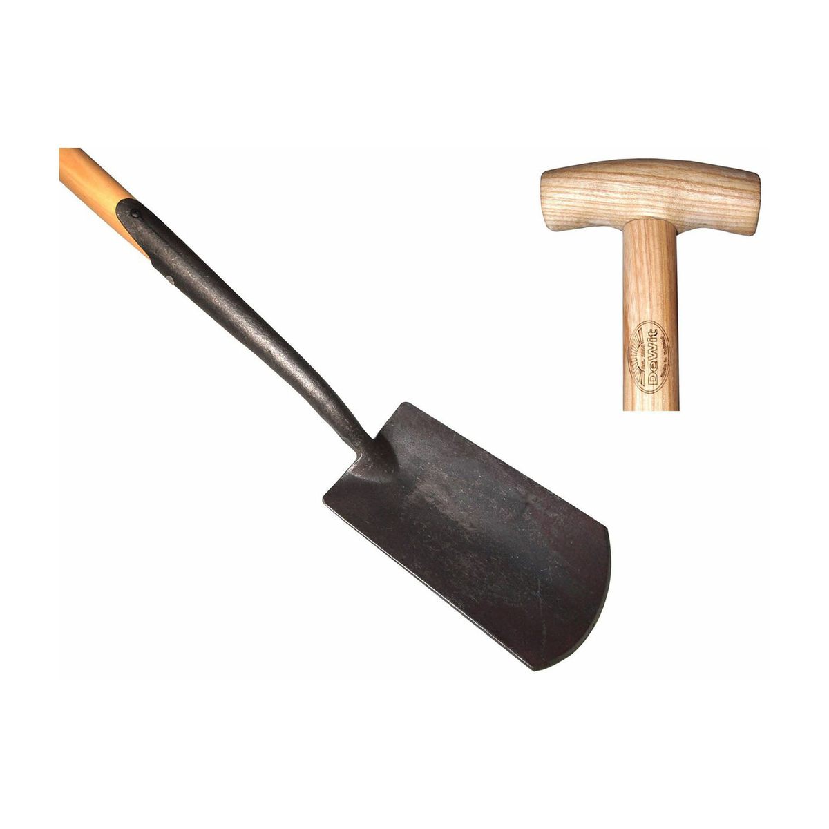 DeWit Solid Socket Dutch Digging Spade with T-grip and ash hardwood handle, one-piece forged steel head.