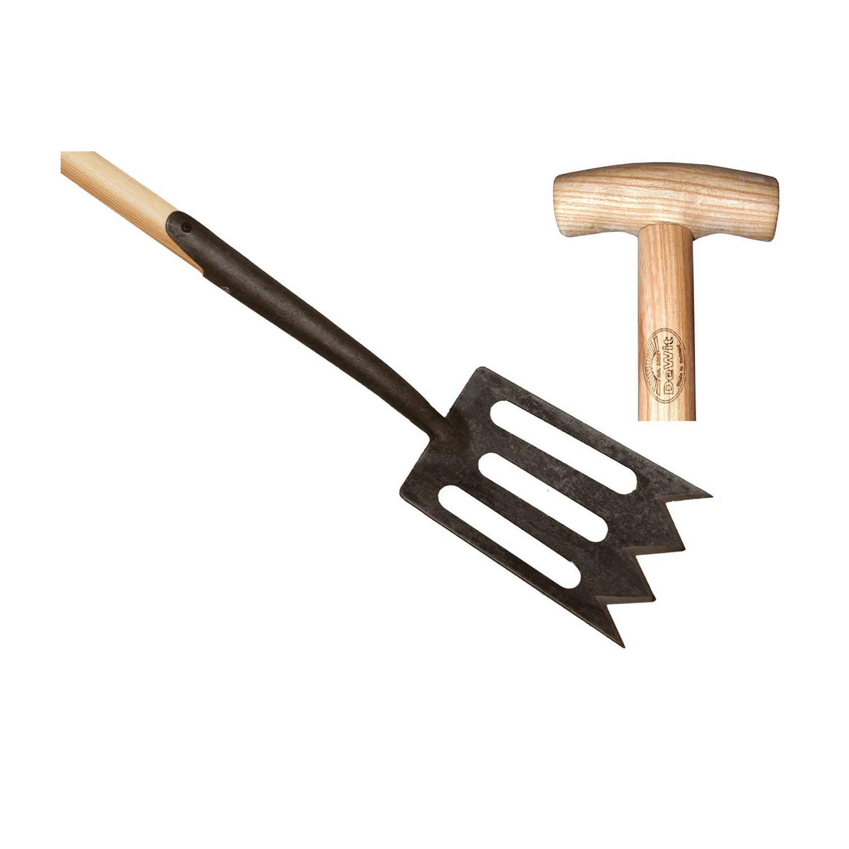 DeWit Spork - Solid Sprocket T Handle with boron steel blade and ergonomic ash hardwood grip.