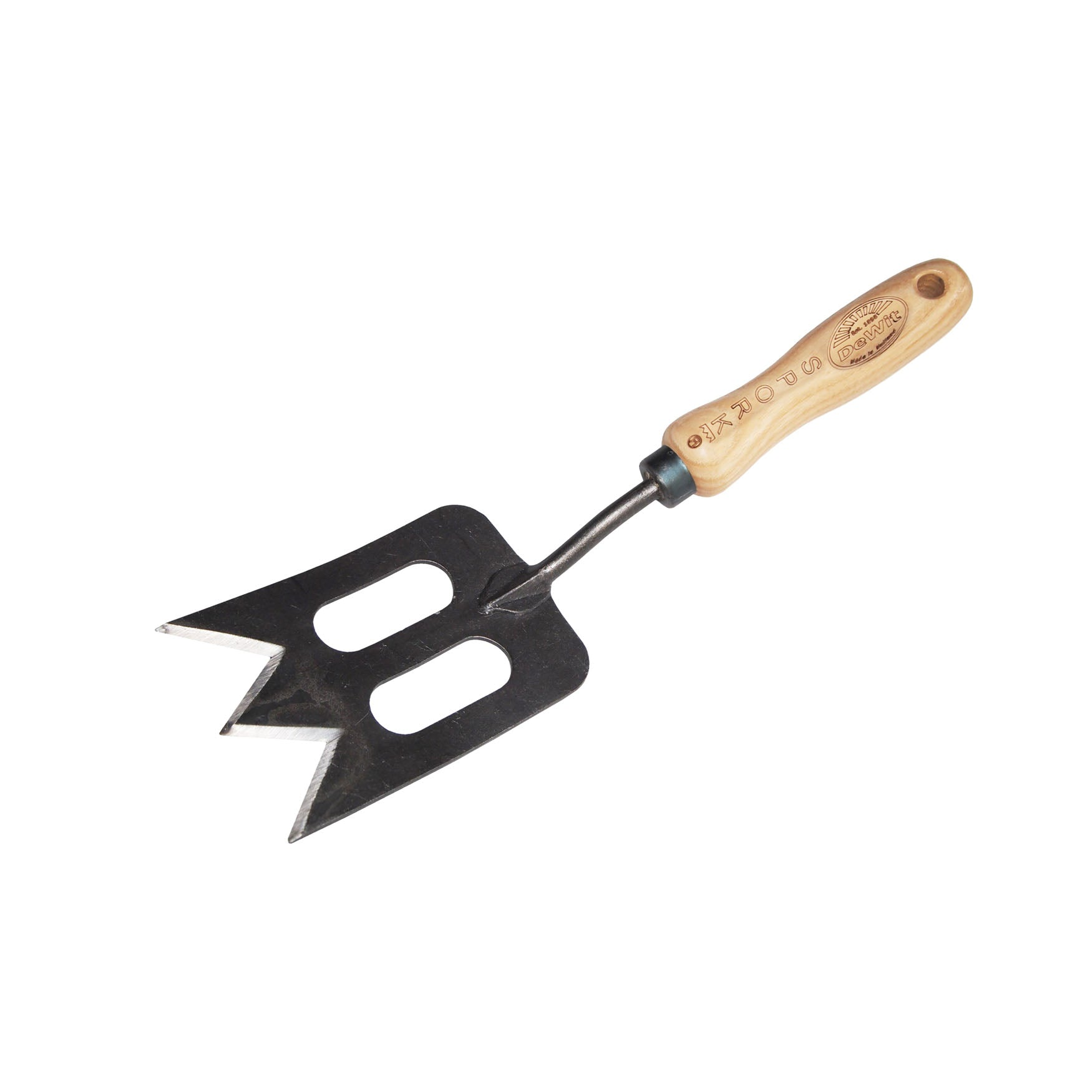 DeWit Spork with tempered boron steel blade and wooden handle for versatile gardening tasks.