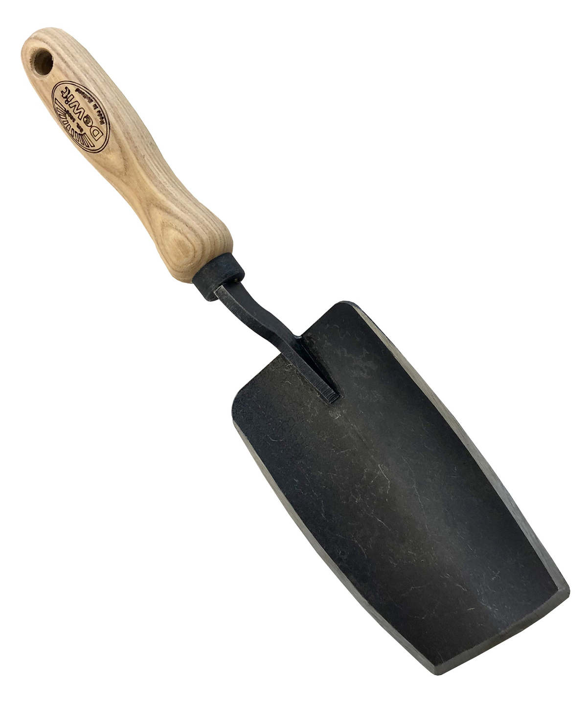 DeWit Square Head Trowel with ash handle and hardened boron steel head.