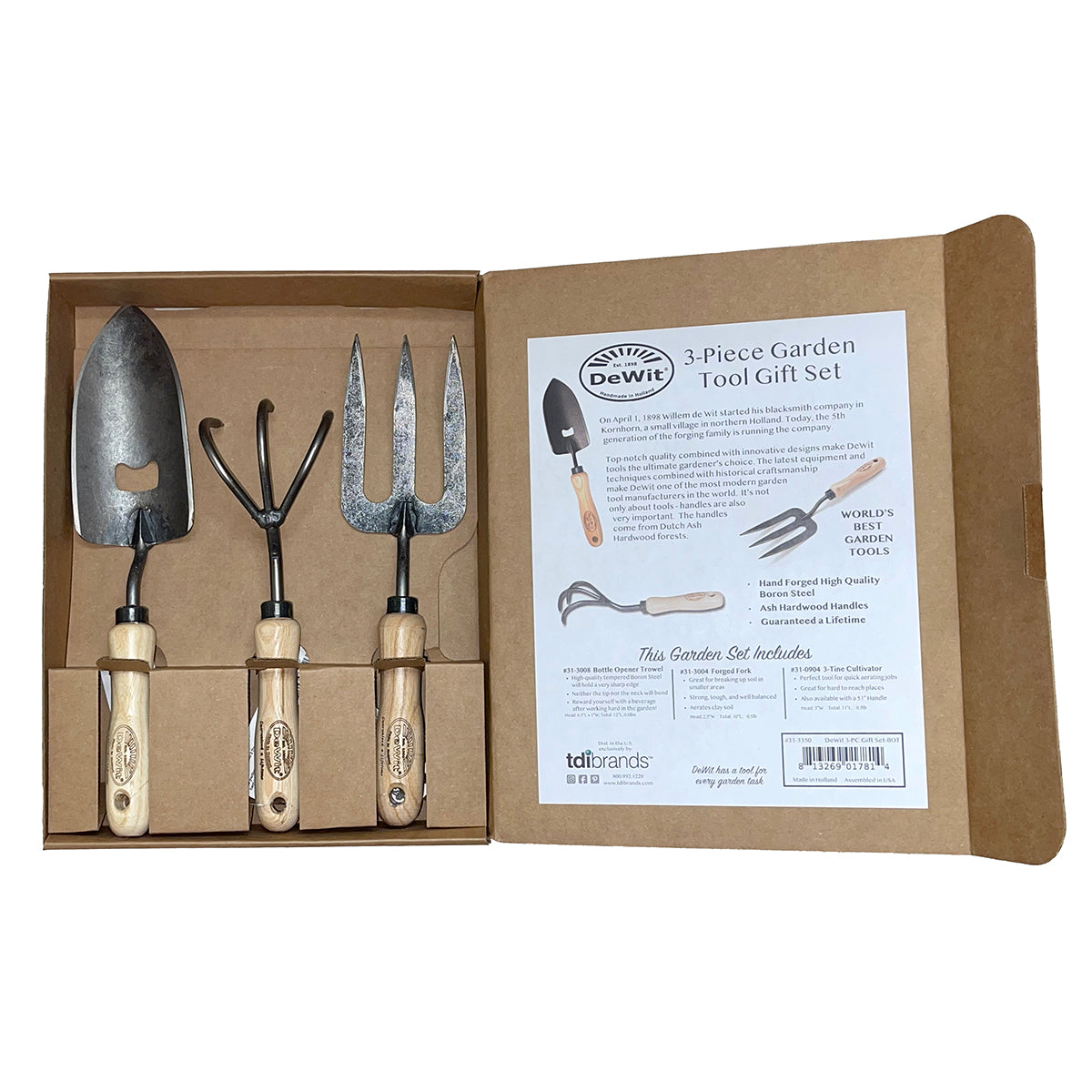 DeWit Tool Gift Set - 3 Piece Essentials for Dad in a presentation box with trowel, hand fork, and 3-tine cultivator.