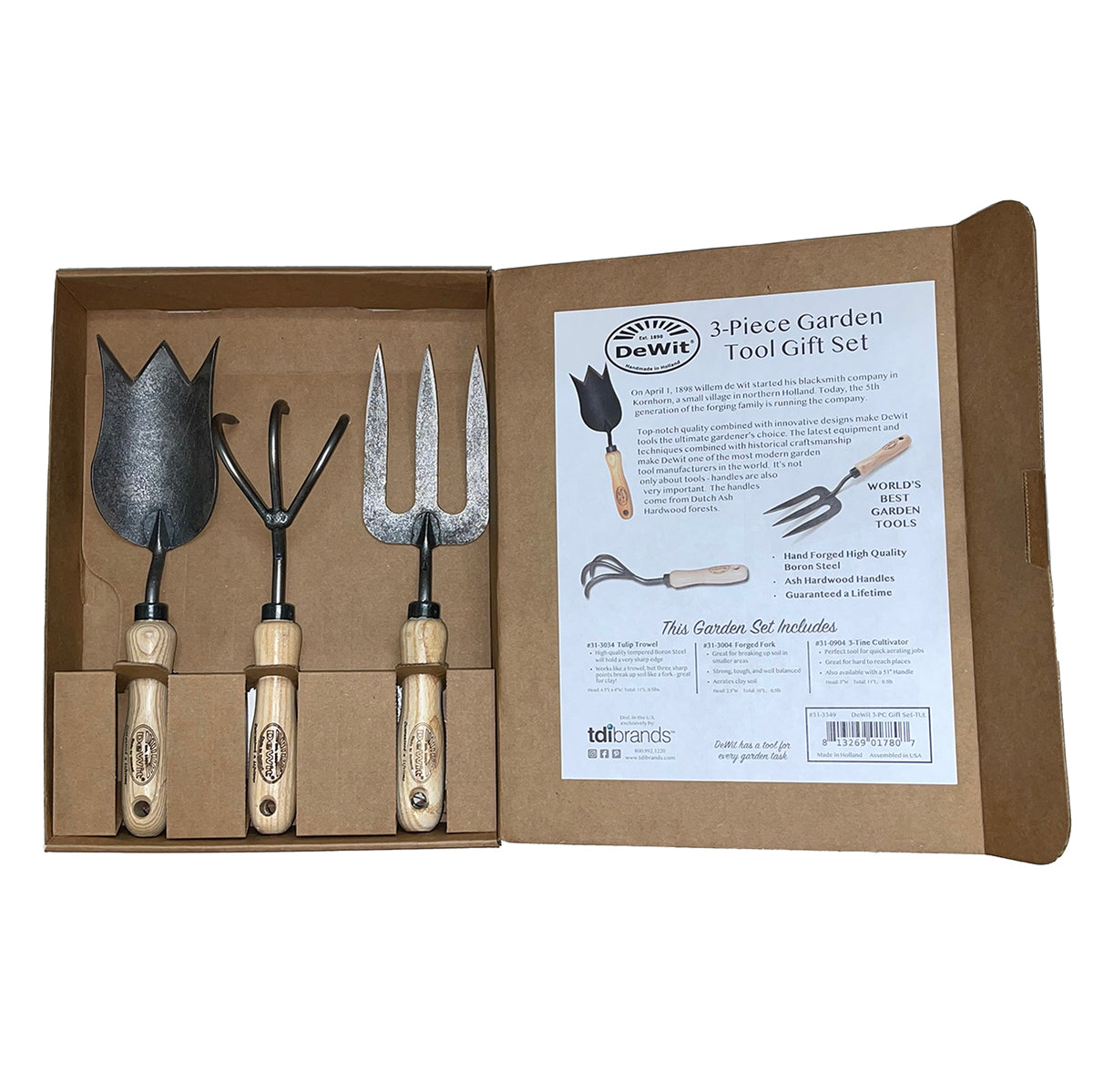 DeWit Tool Gift Set - 3 Piece Essentials for Mom with Tulip Trowel, Hand Fork, and 3-Tine Cultivator in a presentation box.