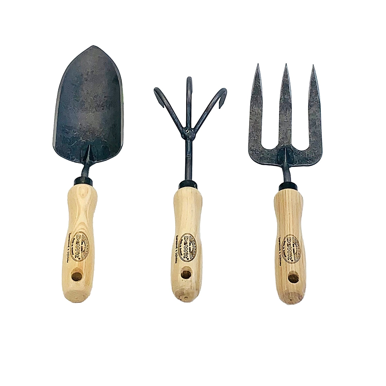 DeWit Tool Set - 3 Piece Starter Intro to Gardening with trowel, hand fork, and 3-tine cultivator.