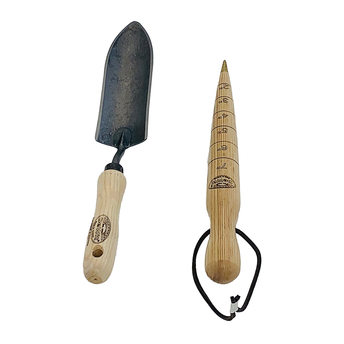 DeWit Tool Set - 2 Piece Bulb Gardening with Transplant Trowel and Wooden Dibber for planting bulbs and seeds.