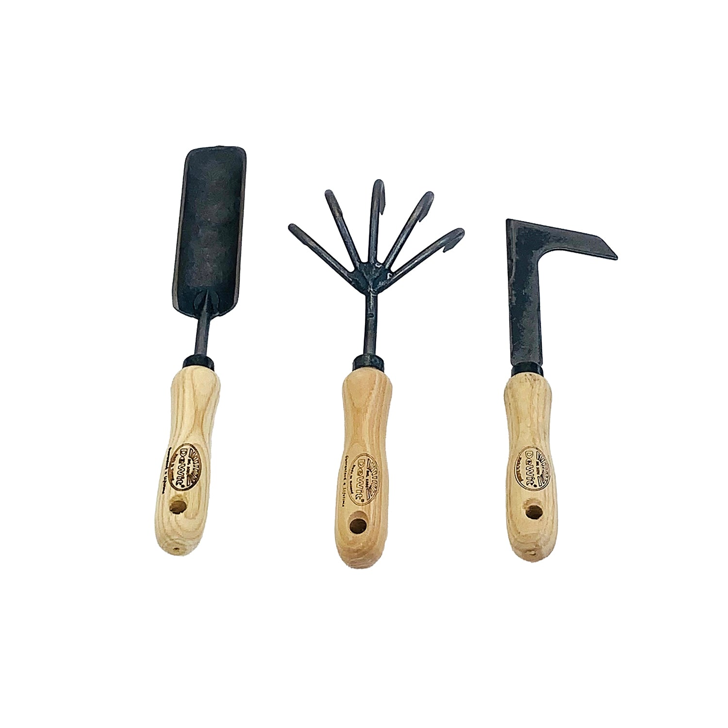 DeWit Tool Set - 3 Piece Patio with trowel, cultivator, and knife. Tempered boron steel and ash wood handles.