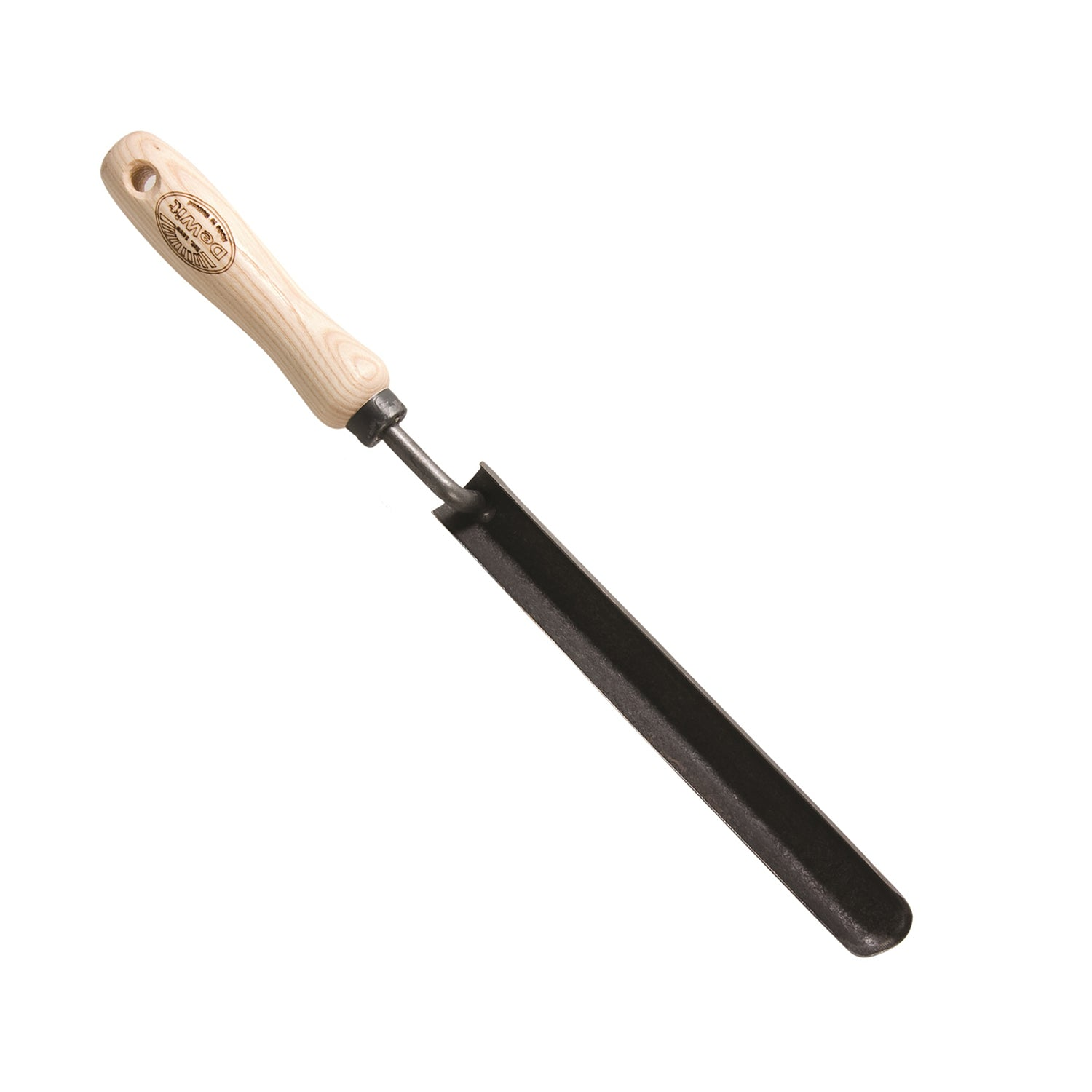 DeWit Transplanter Trowel with 8" narrow boron steel blade and ash hardwood handle.