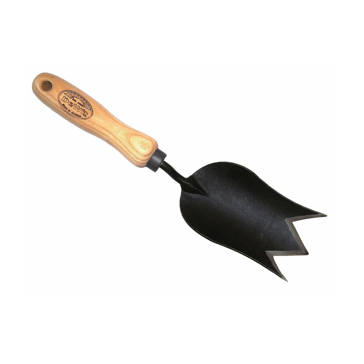 DeWit Tulip Trowel with wooden handle and black forged steel head, dimensions 4.5&quot;L x 3&quot;W.