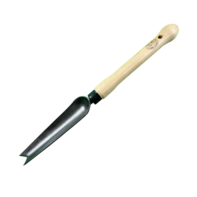 DeWit Welldone Snake Tongue Trowel with Midsize 10&quot; Handle, durable boron steel and ash hardwood, suitable for seniors, dual-function gardening tool.