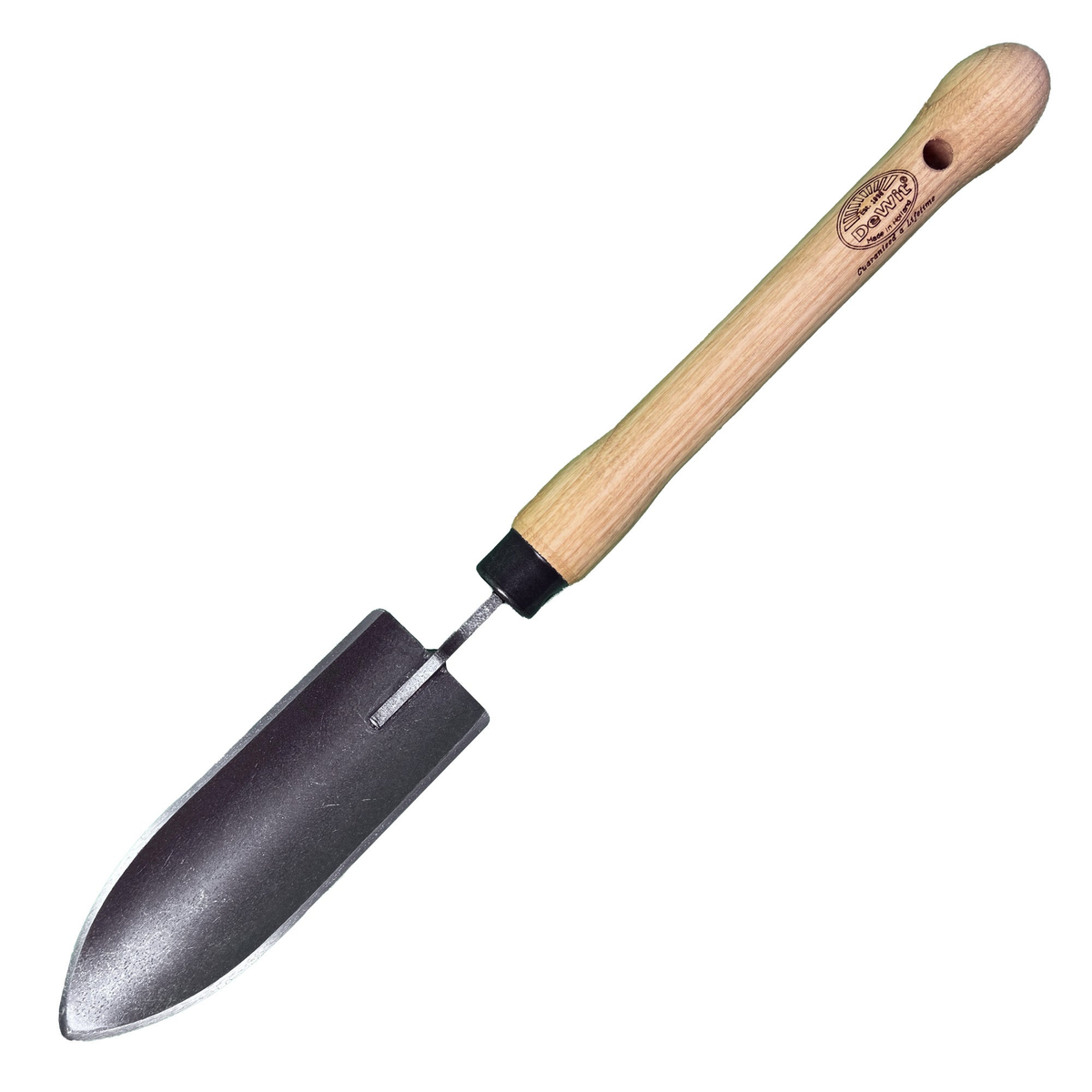 DeWit Welldone Transplanter Trowel with Midsize 10&quot; Handle, durable boron steel blade for bulb planting.