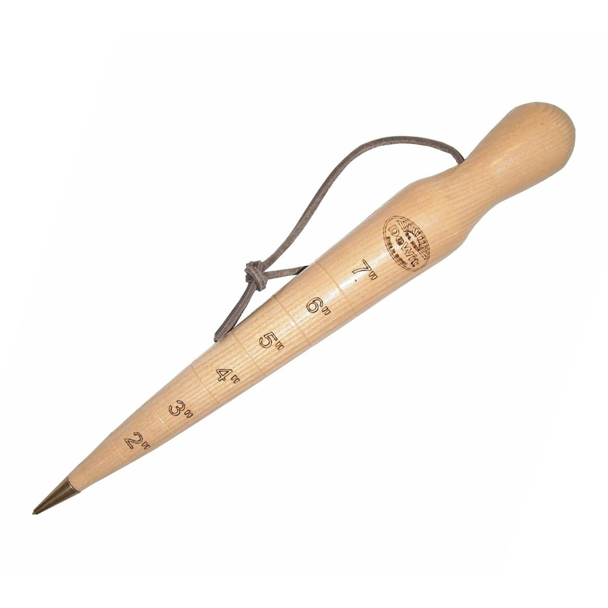 Wooden dibber with brass tip and inch markings for precise planting, 12 inches long.