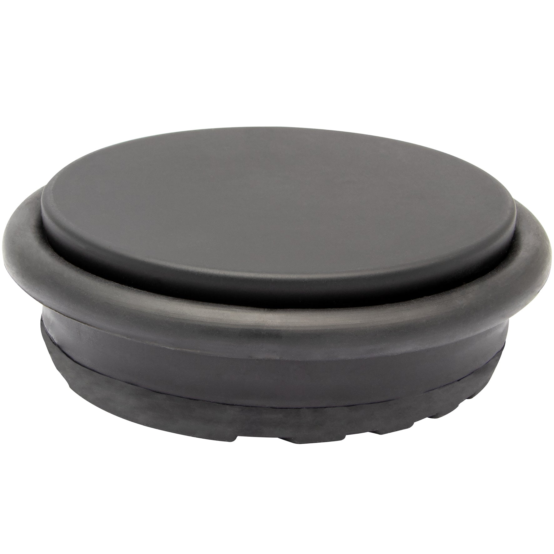 Black floor mount door stopper, 3.86"x3.86"x1.18", industrial steel with rubber pad for protection and slip resistance.