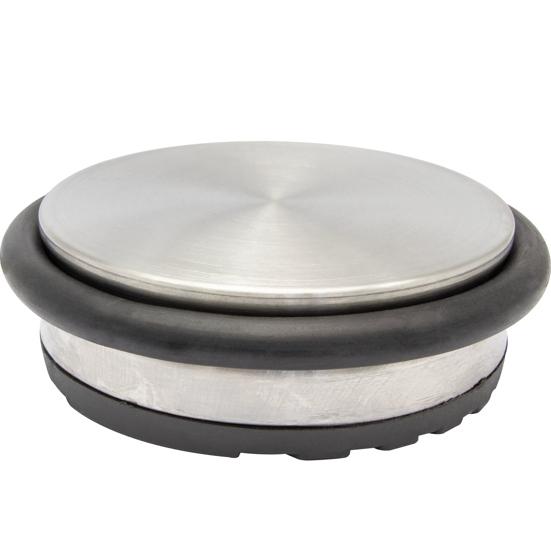 Stainless steel door stopper with rubber cushioning, 3.86 x 3.86 x 1.18 inches, floor mount.