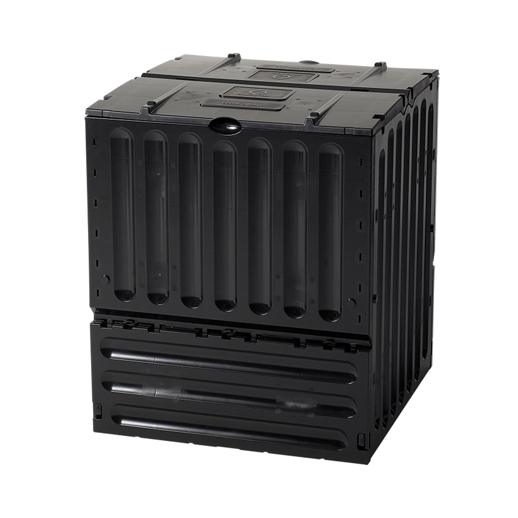 105-gallon Eco King composter with UV-resistant polypropylene, two flaps, and secure latches.