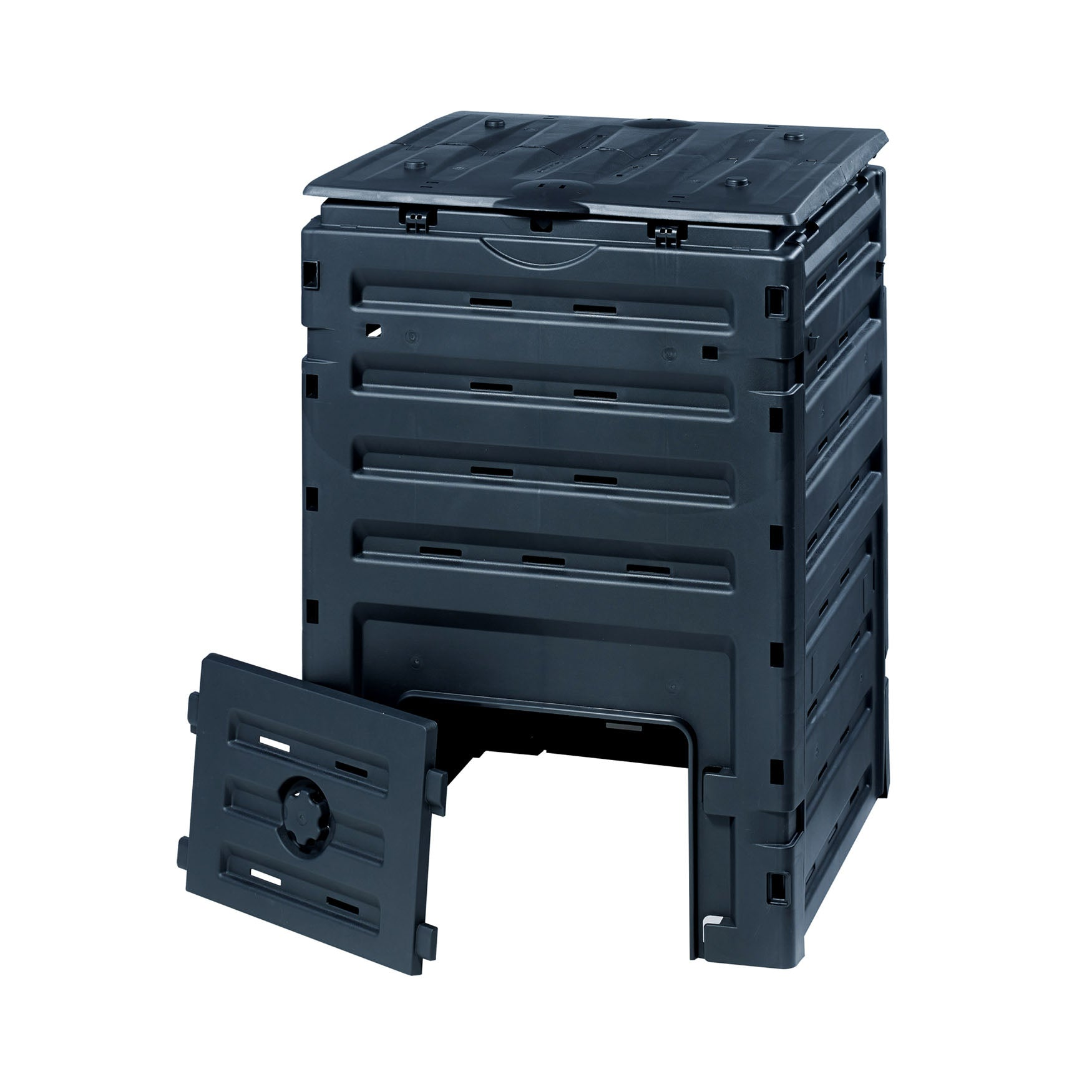 79 Gallon Capacity Eco Master Composter, black recycled polypropylene, 25.6" x 23.6" x 35.5", windproof lid, easy assembly.