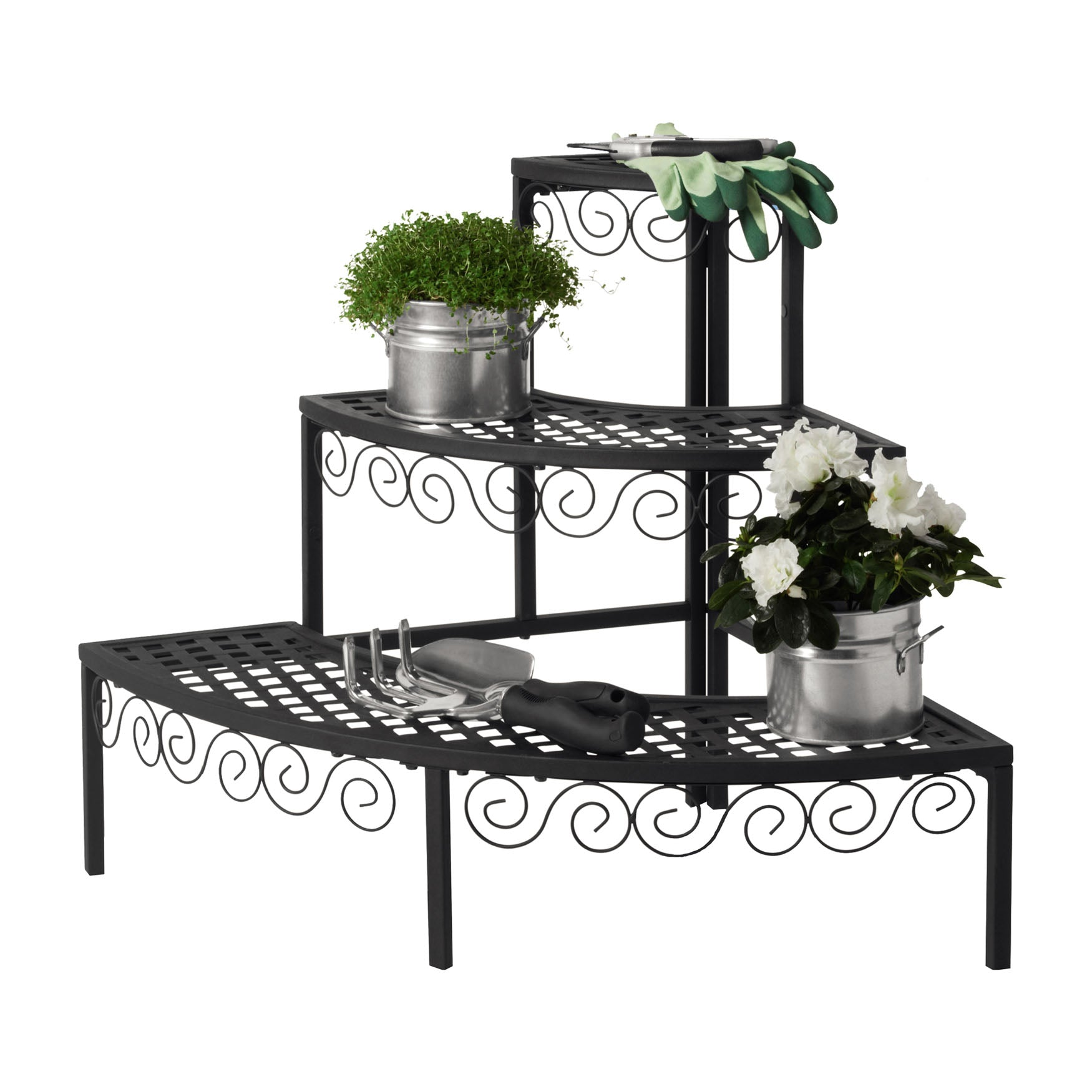 Three-tier black metal plant stand with scrollwork design, ideal for indoor or outdoor use, supports up to 50 lbs per tier.