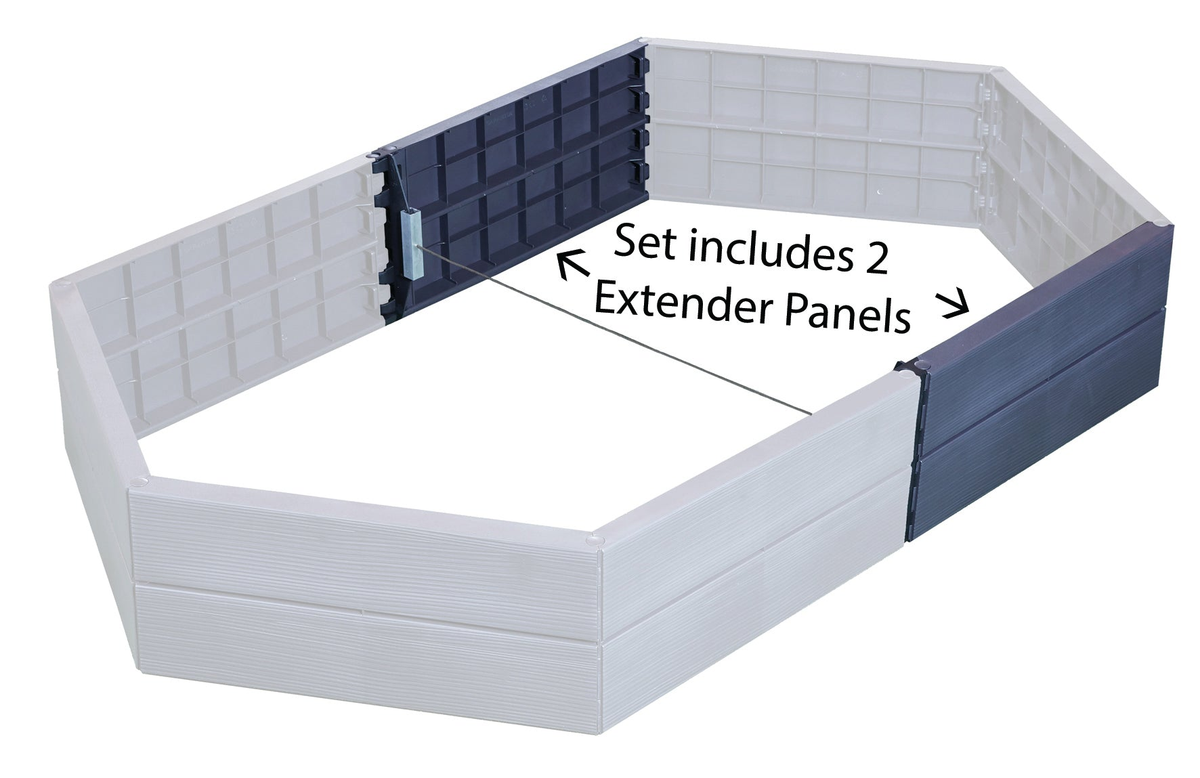 Ergo Raised Garden Flower Bed Extension Set with 22&quot;L x 10&quot;H panels, wood-like finish, shown expanding bed layout.