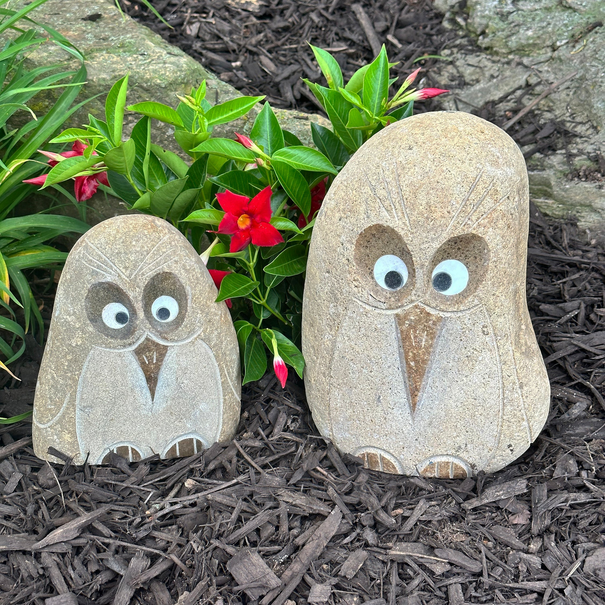 Hand-carved granite boulder Angry Birds sculptures, available in 8" and 12", with quartz inlaid eyes, perfect for garden or home decor.