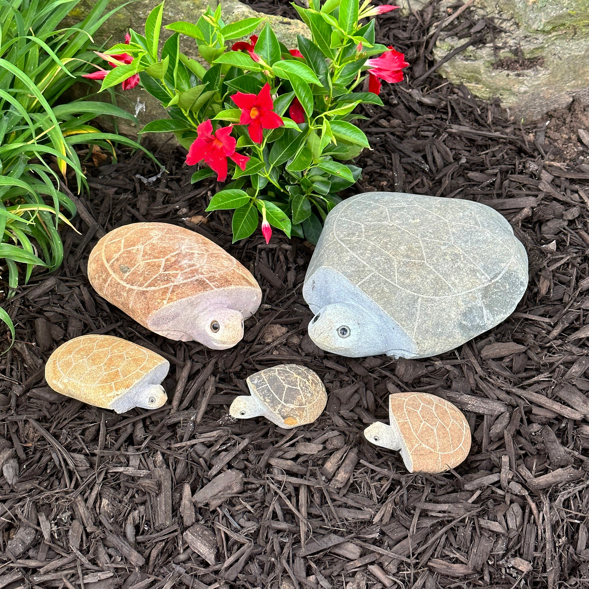 Hand-carved granite boulder stone turtle family set in garden.