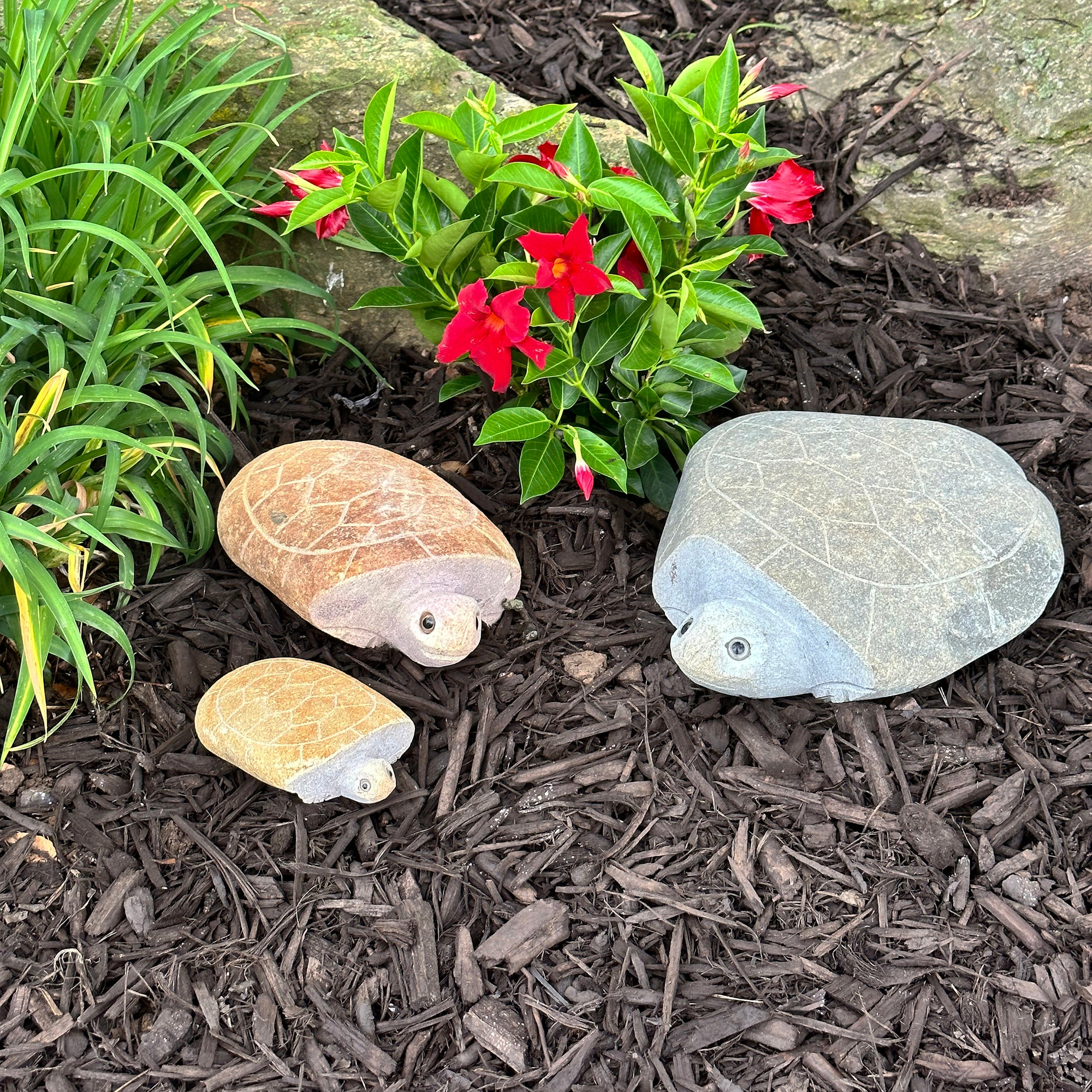 Hand-carved granite stone turtle family in garden display, 3 pieces, 6", 10", 14".