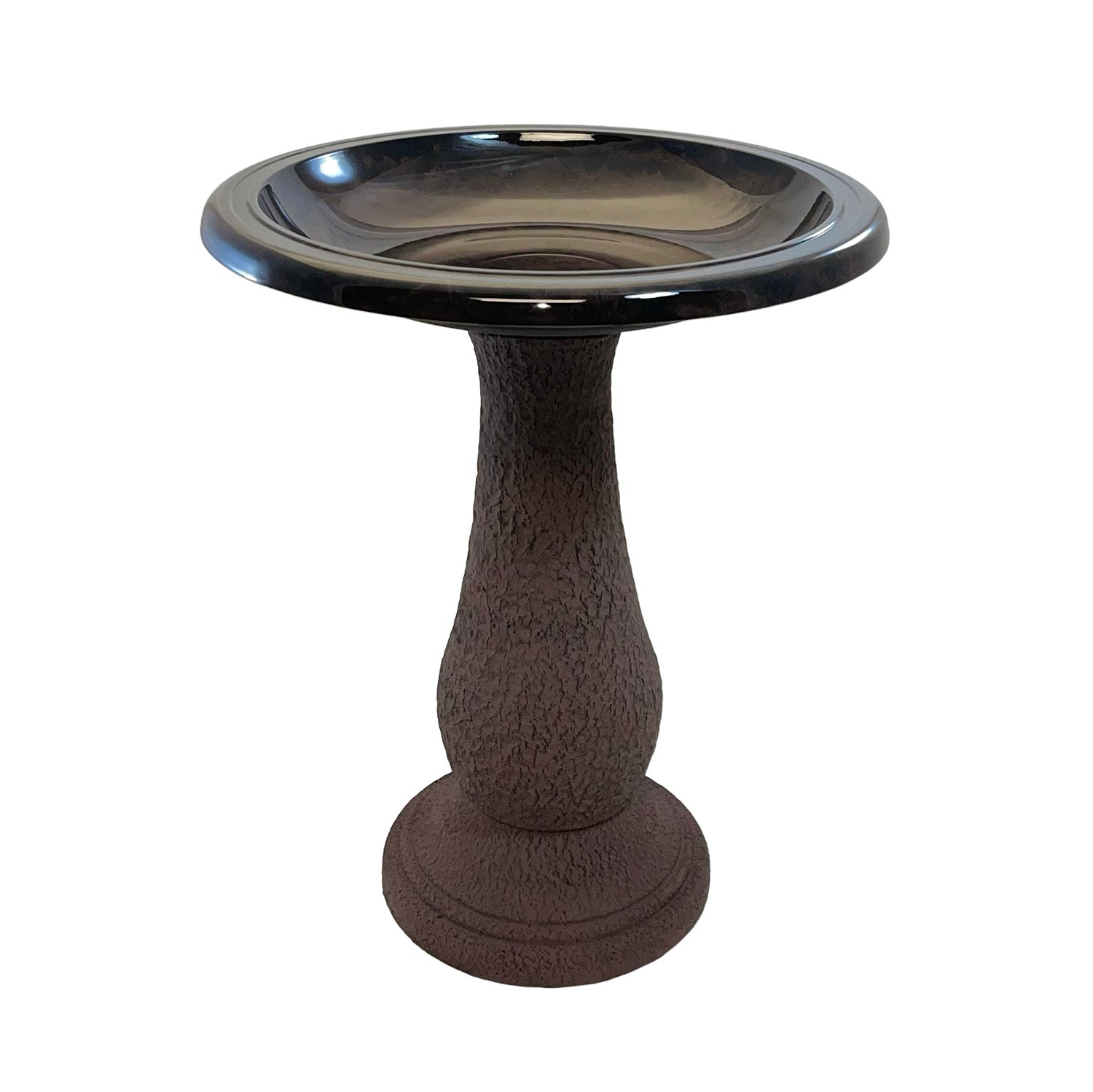 Antique brown birdbath with ceramic-like finish and fiber clay construction, 19" diameter, 24" height.