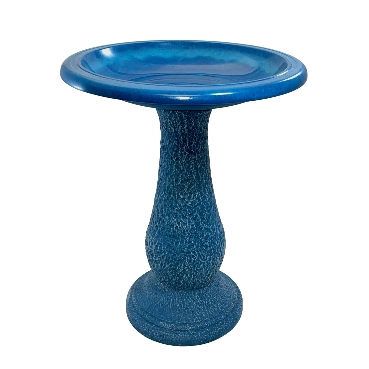 Fiber clay birdbath in Azure Blue, 24-inch height, 19-inch diameter, elegant garden decor.