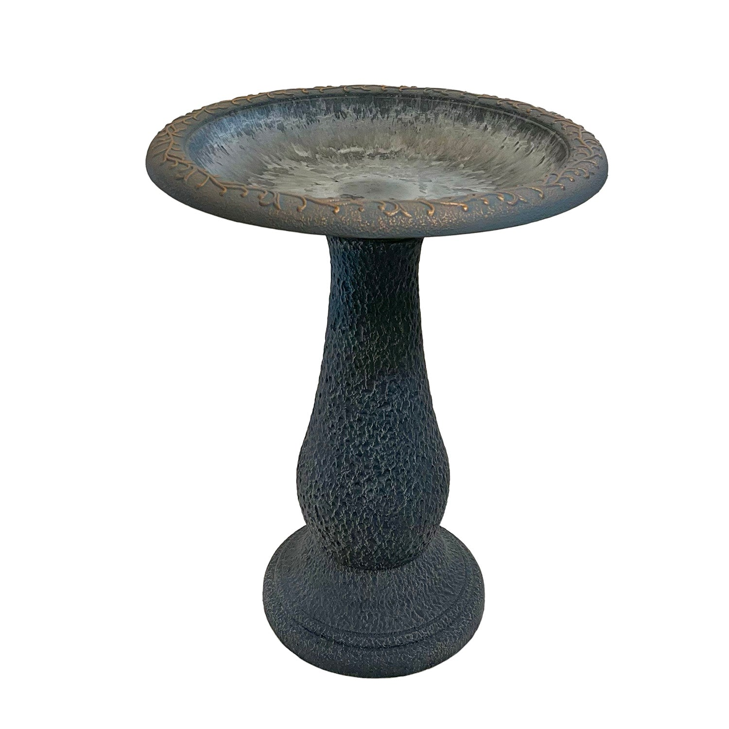 Fiber clay birdbath with design rim, dove gray, 24 inches high, 19-inch diameter, 21-inch base height, UV-protected, 8 lbs, garden decor.