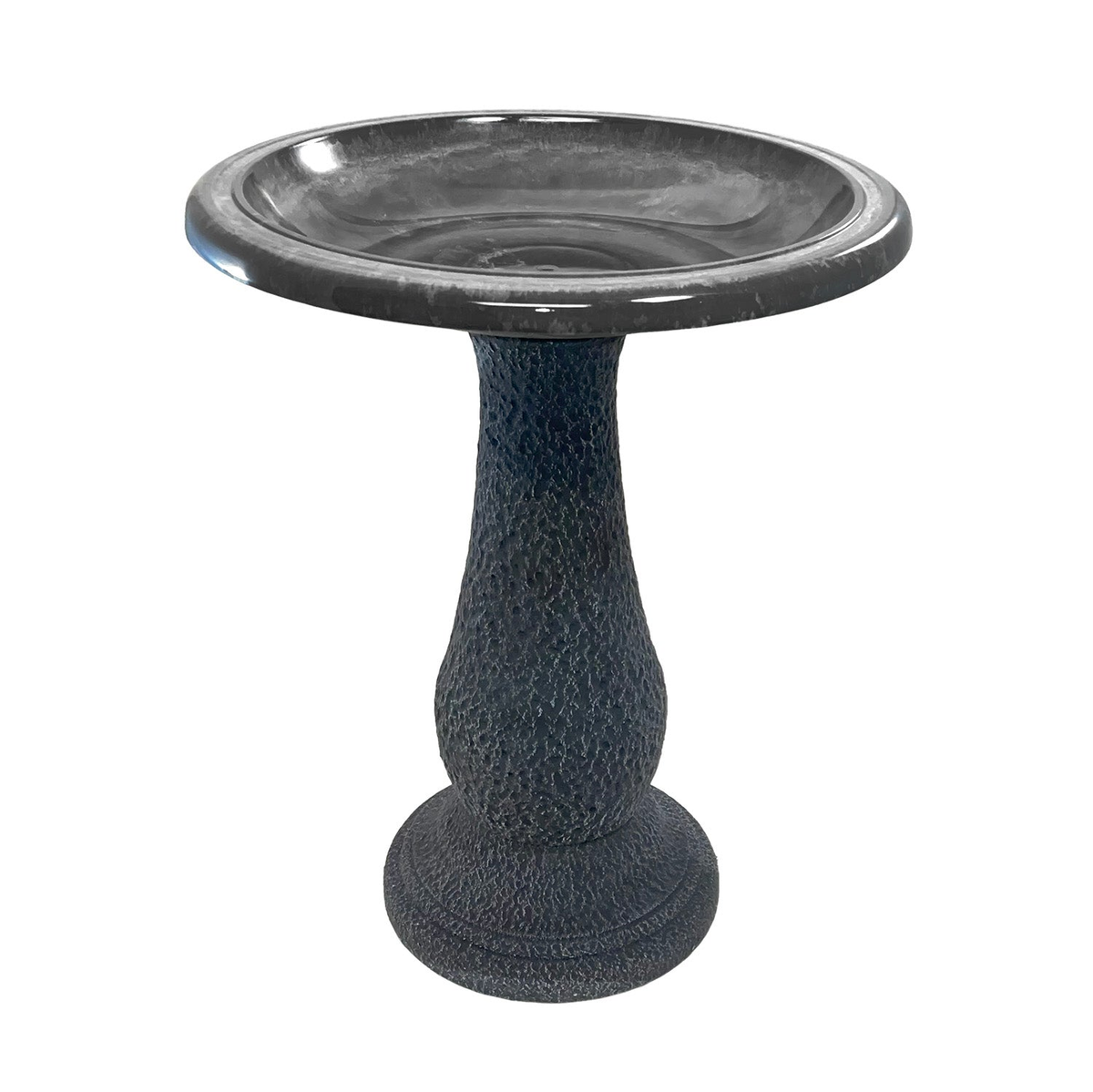 Birdbath with ceramic-like fiber clay design, gray, 19&quot; diameter, 24&quot; height, 21&quot; base height.