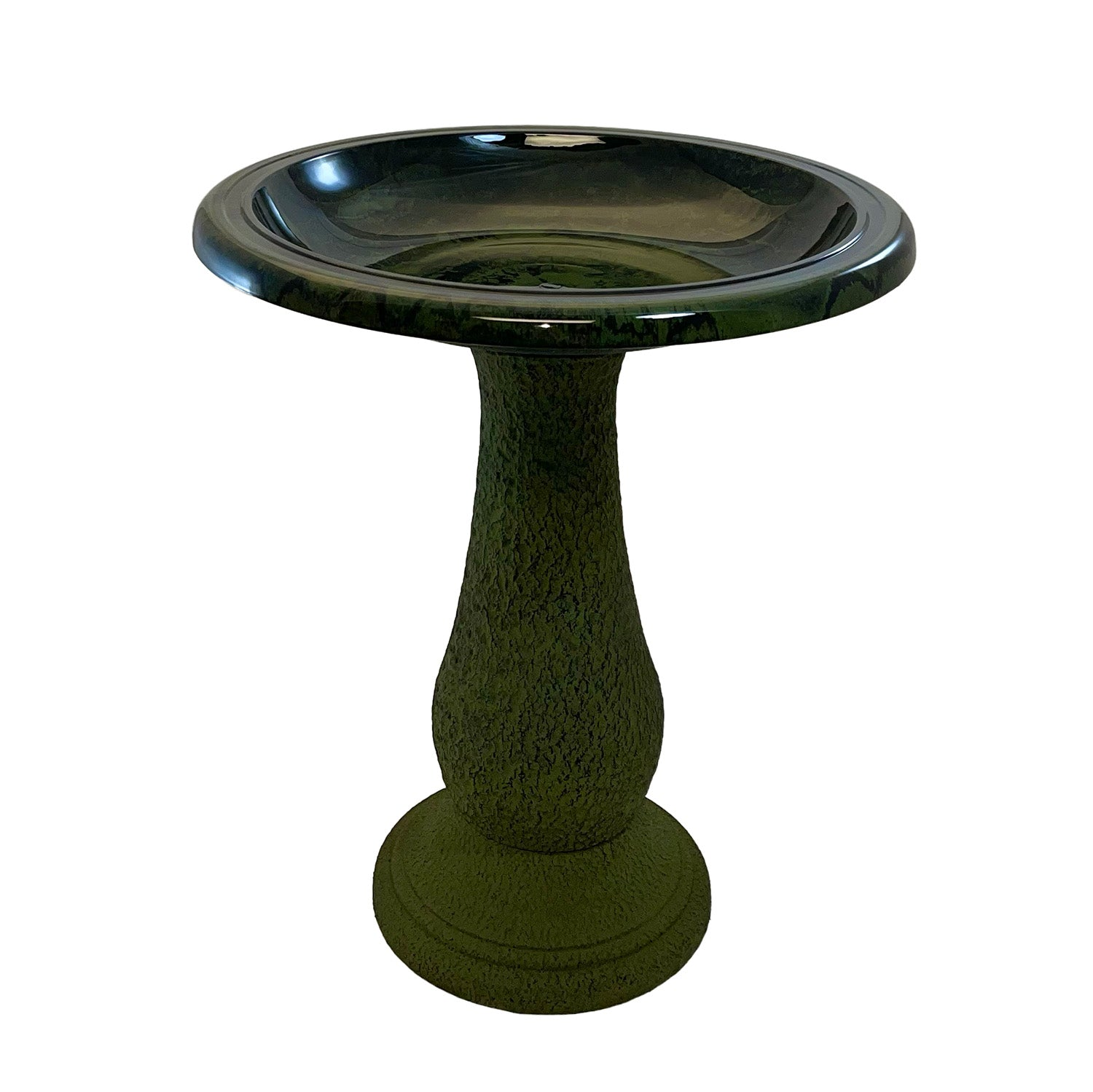 Fiber clay birdbath, hunter green, 24" height, 19" diameter.