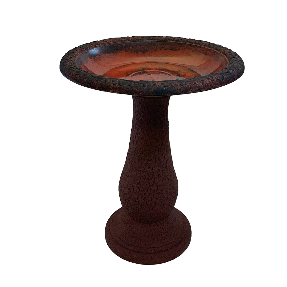 Fiber clay 24-inch birdbath with red and charcoal design rim, sturdy hollow base, and UV-protected easy-to-clean finish.