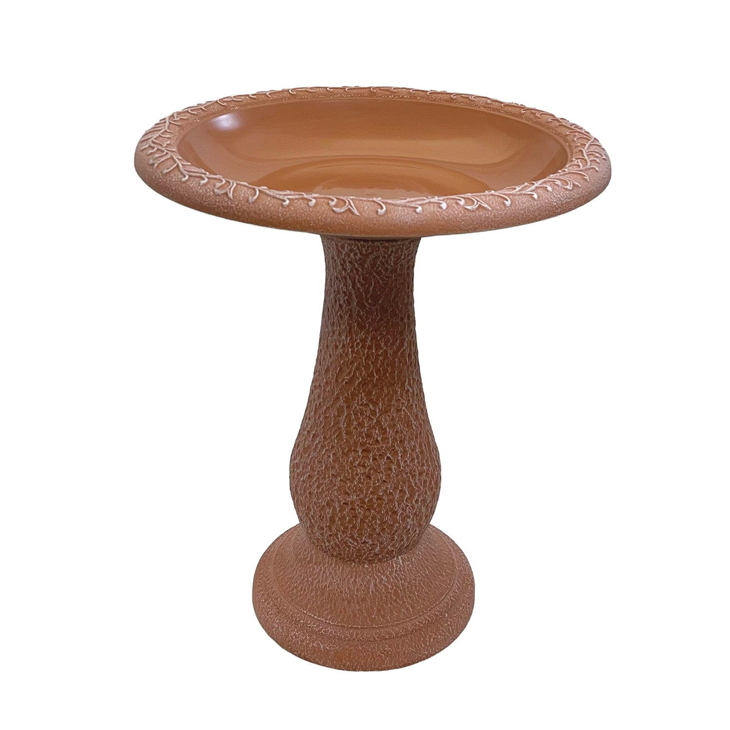 Fiber clay birdbath with design rim, 19" diameter, terra cotta color, 24" height.