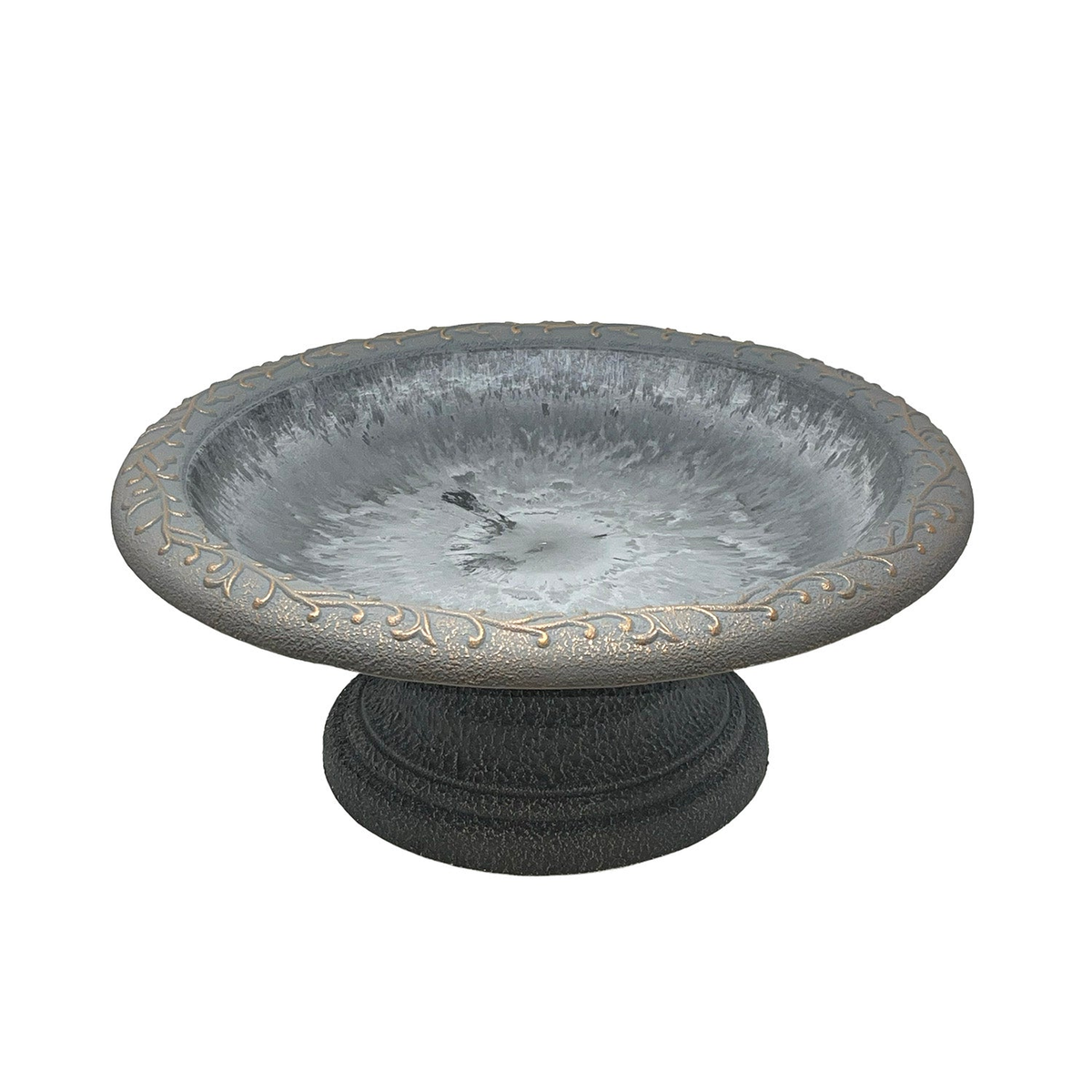 Fiber Clay Birdbath with Design Rim, Dove Gray, 19&quot; Diameter, 7.5&quot; Height.