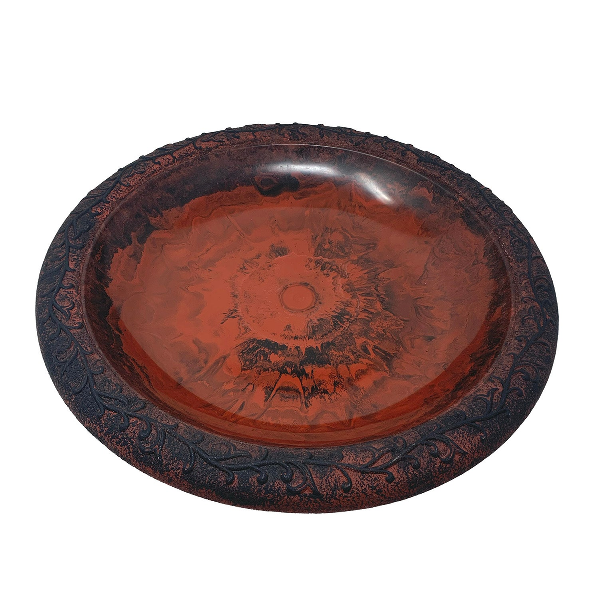 Fiber Clay Lightweight 19&quot; Dia Birdbath Top, Red/Charcoal, with decorative rim design.