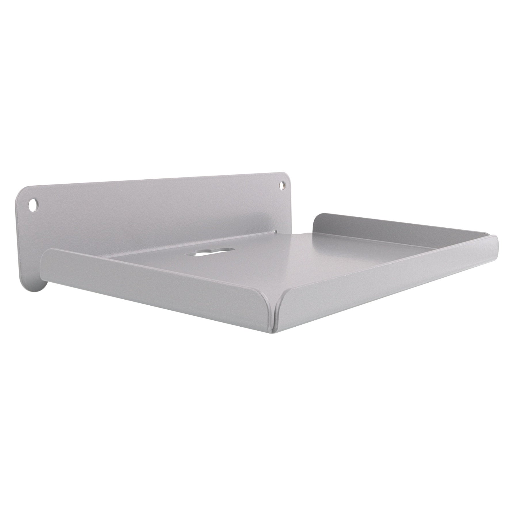 Garage garden tool storage organizer system silver shelf tray made of powder-coated steel with mounting hook.