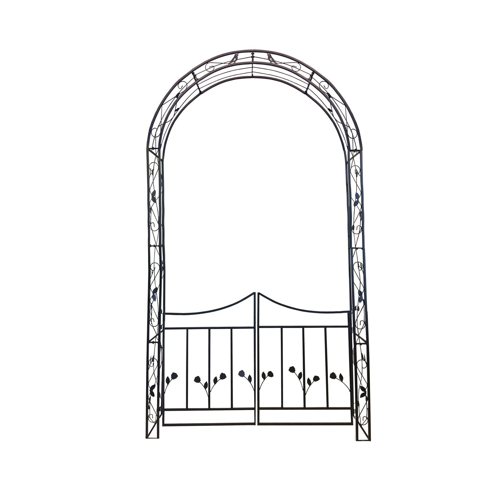 Elegant Garden Arch & Gate with scrollwork and floral design, ideal for climbing plants, durable black steel frame.