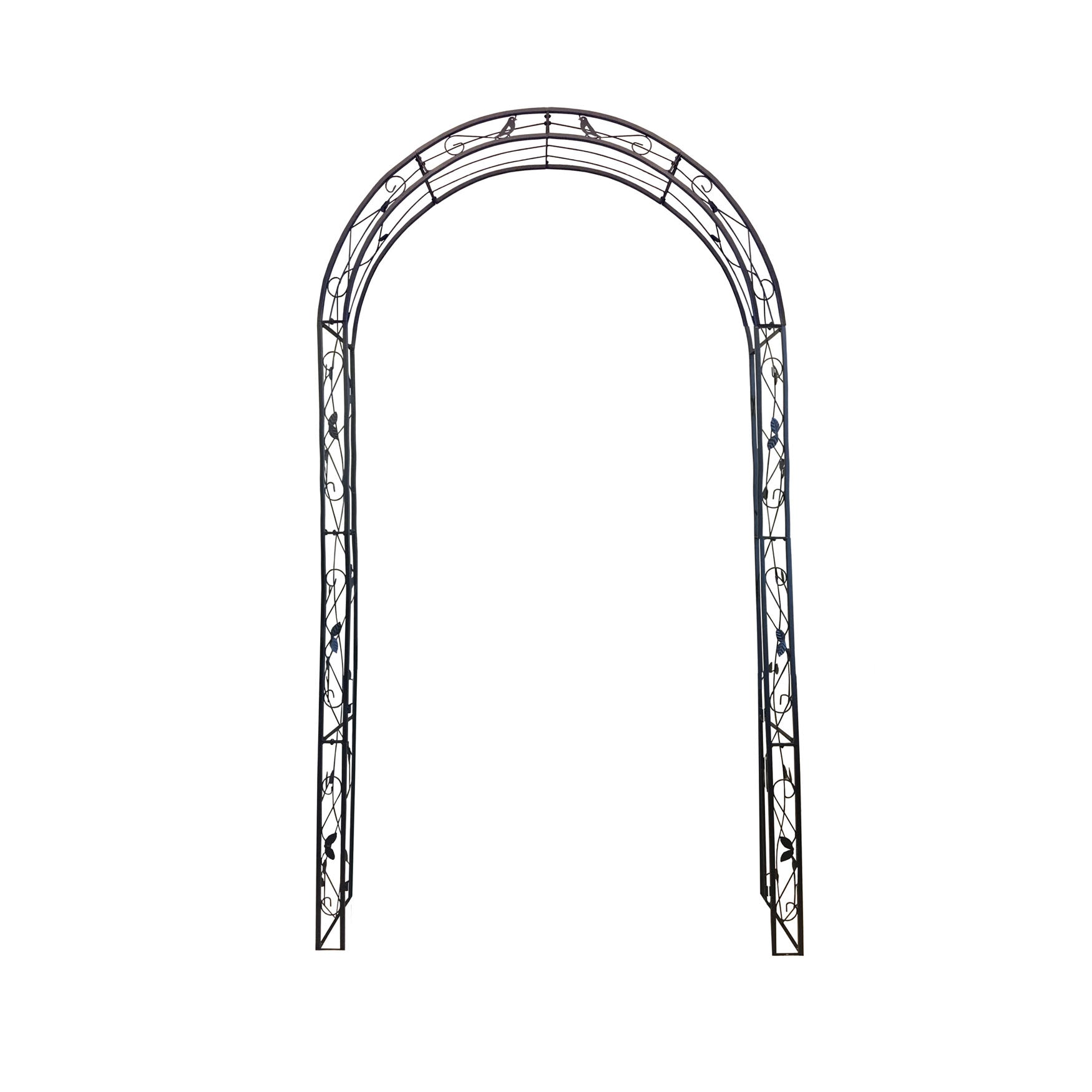 Garden Arch with elegant scrollwork and floral accents on black steel frame.