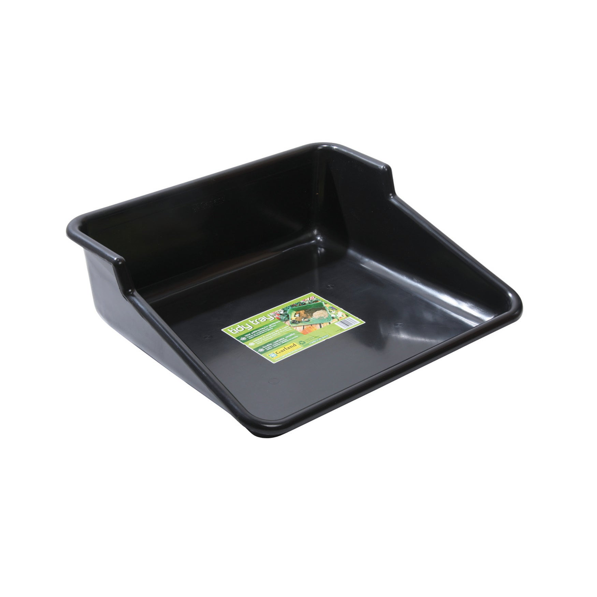 Black garden tidy tray, 24.5&quot;L x 22&quot;W x 8&quot;H, made from 100% recycled plastic, ideal for indoor gardening.