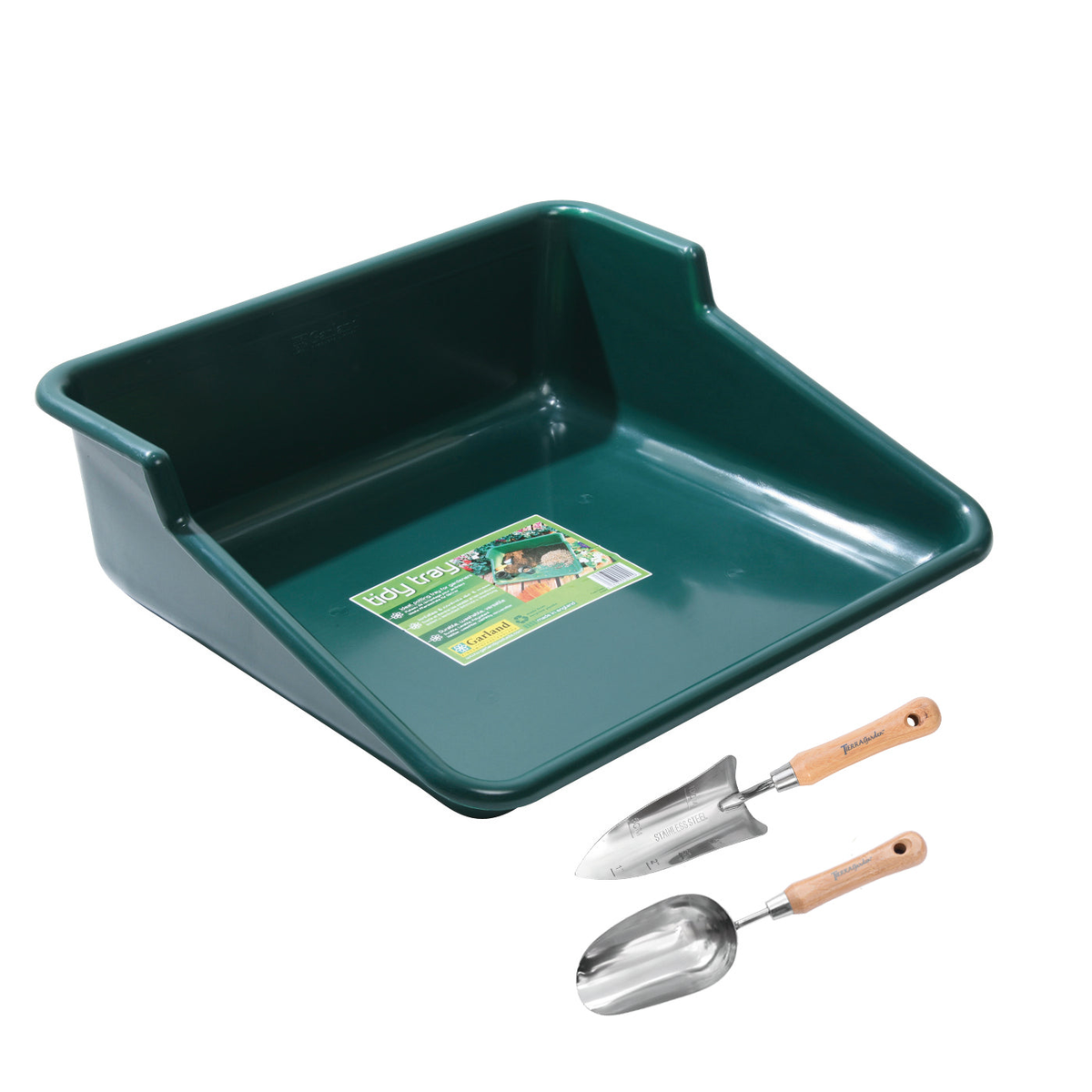 Green Garden Tidy Tray with Stainless Steel Transplanter and Scoop featuring bamboo handles.