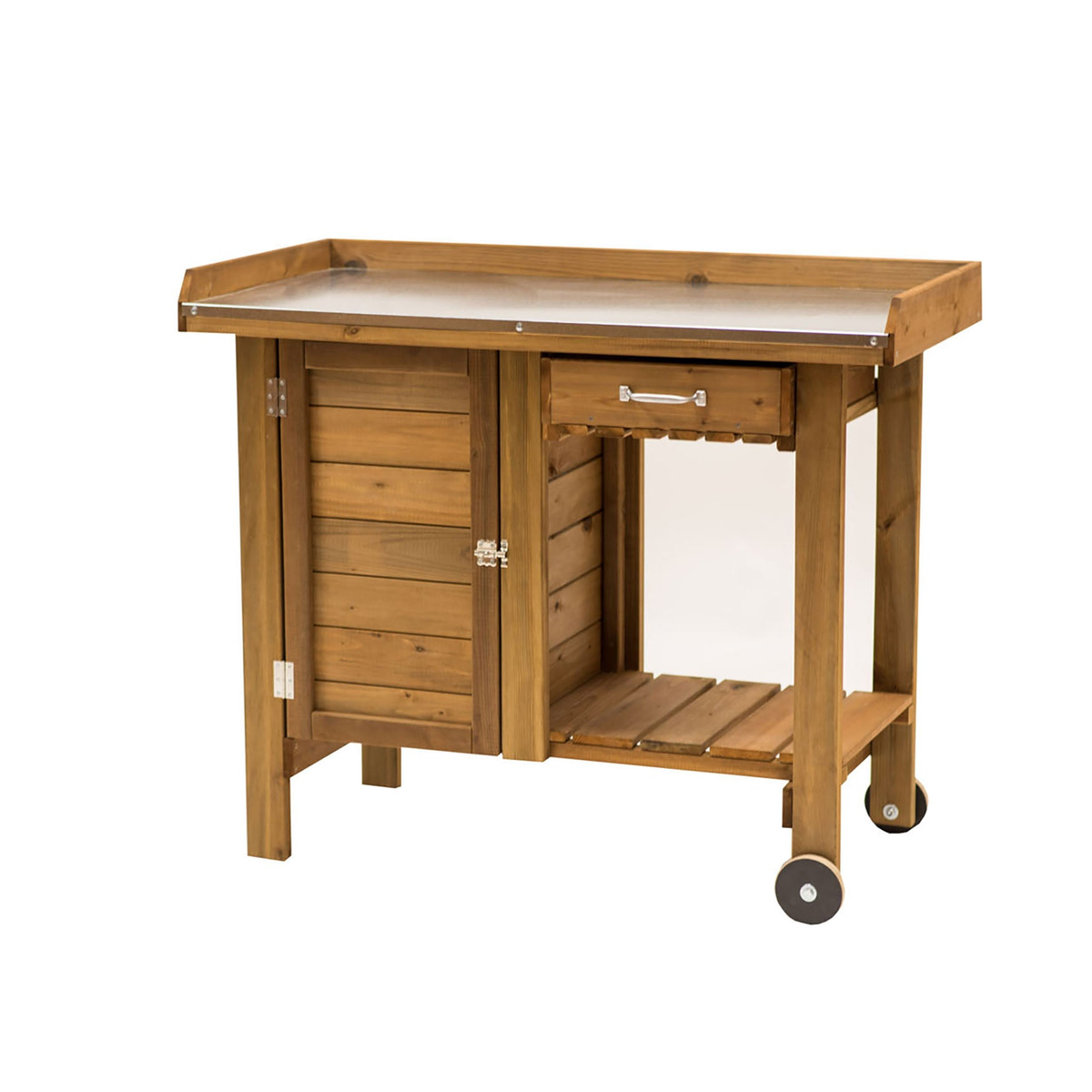 Gardener&#39;s wooden potting table bench with wheels, cabinet, and drawer.