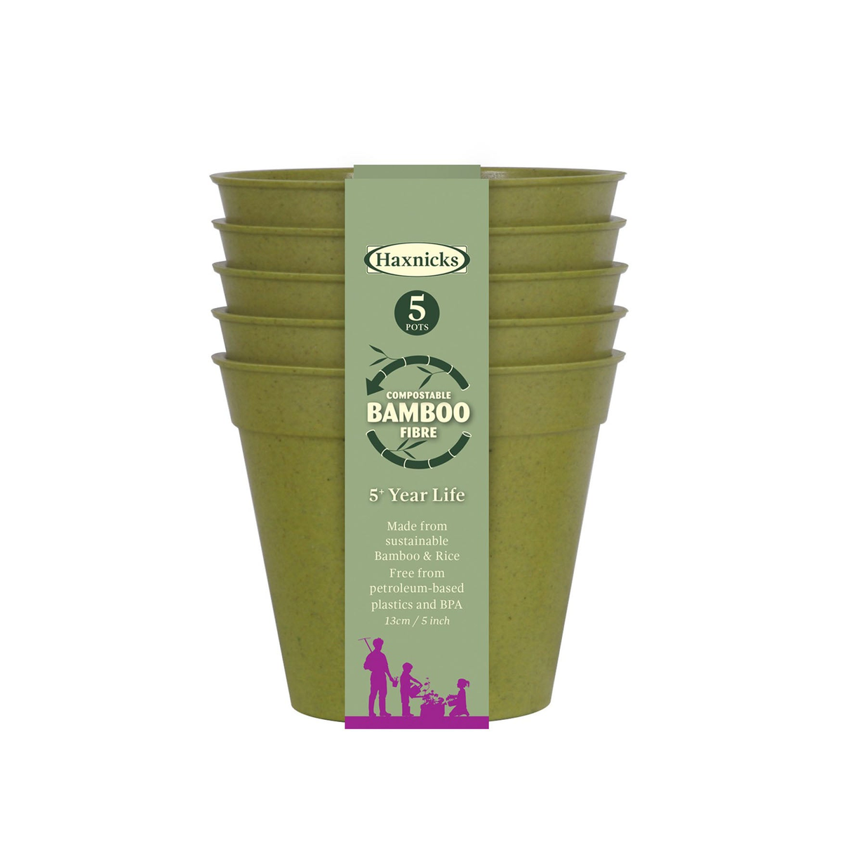 5&quot; green bamboo pots 5-pack, eco-friendly, durable, biodegradable, indoor/outdoor use.