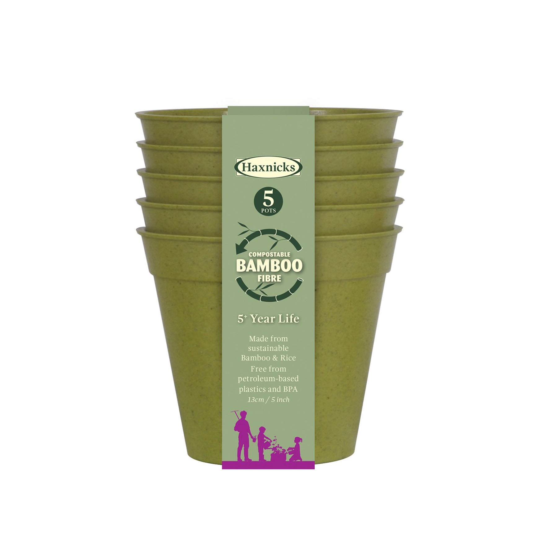 5" green bamboo pots 5-pack, eco-friendly, durable, biodegradable, indoor/outdoor use.