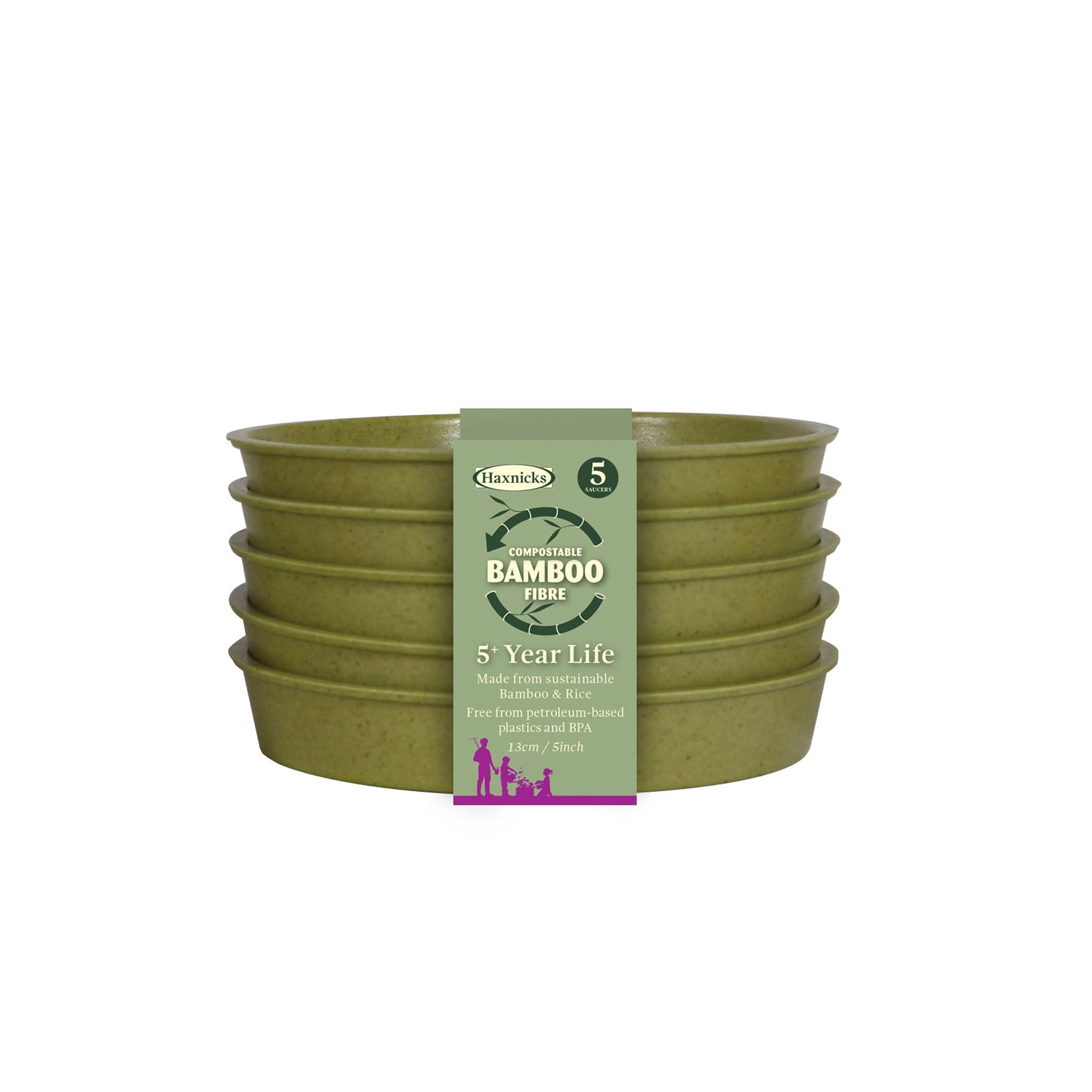 5" Green Bamboo Saucer 5-pack, eco-friendly, biodegradable, durable saucers made from bamboo fiber and rice starch.