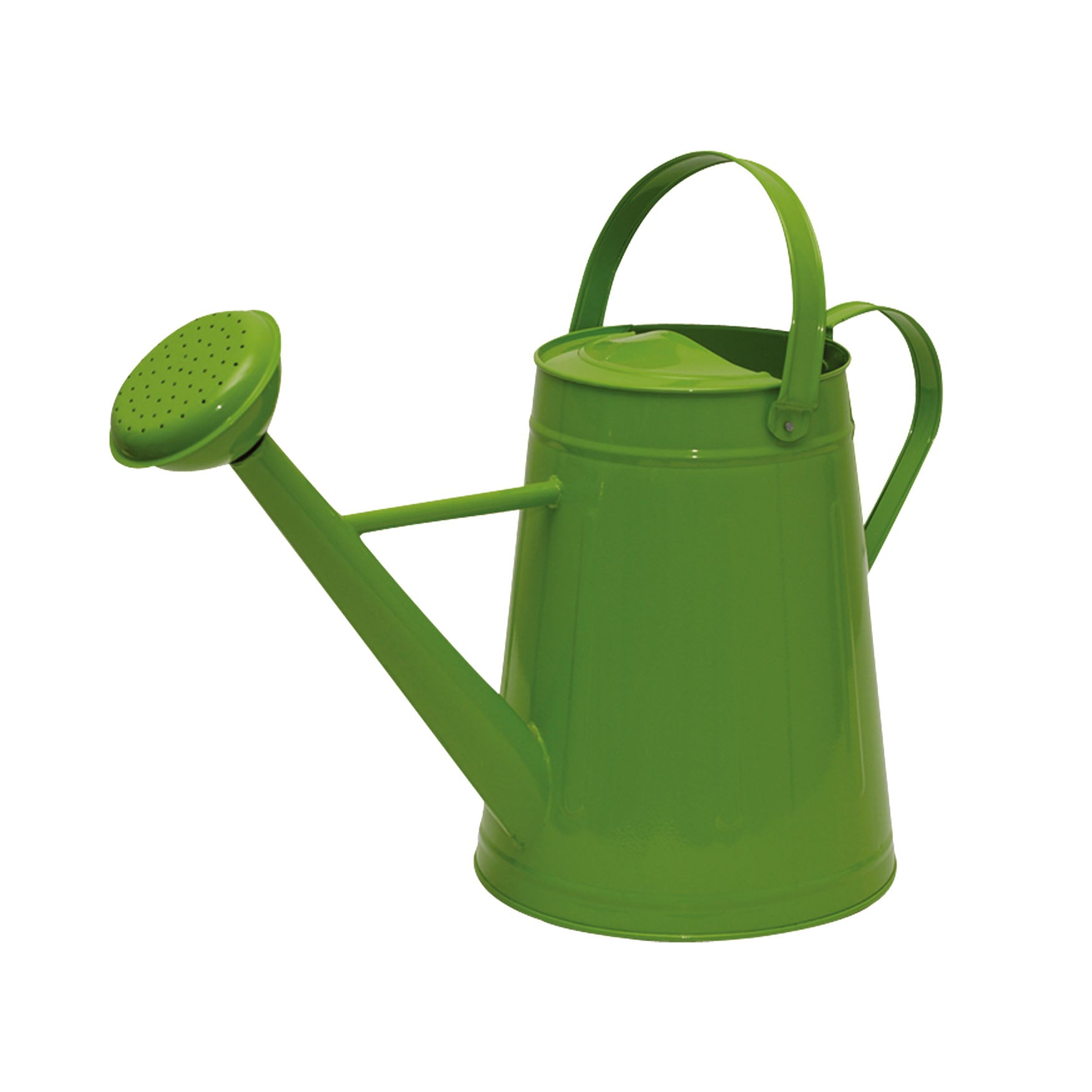 Green metal watering can with dual handles and a screw-on sprinkler head, 2.1-gallon capacity, traditional design.