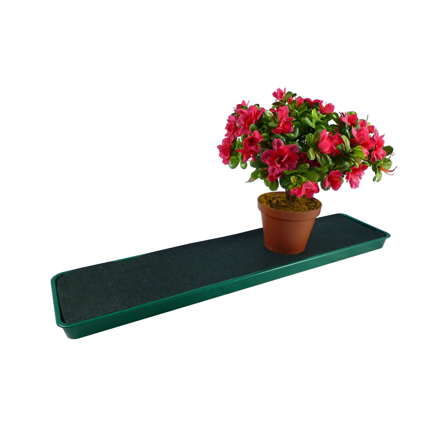 Green self-watering windowsill tray with capillary matting, 30" long, 1-gallon reservoir, for plant care.