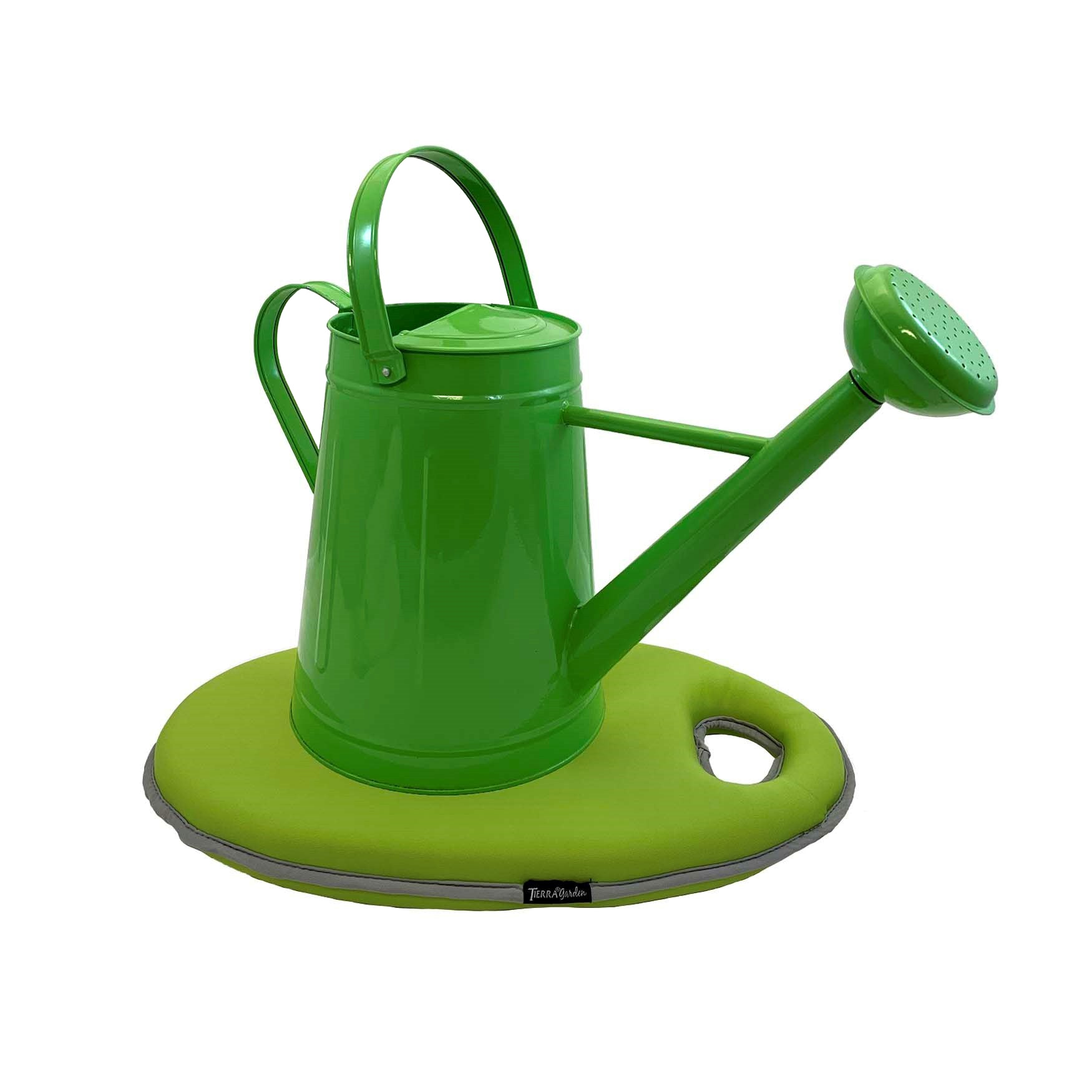 Green traditional metal watering can and memory foam kneeling cushion set for gardening, featuring a durable 2.1-gallon can and comfortable cushion.