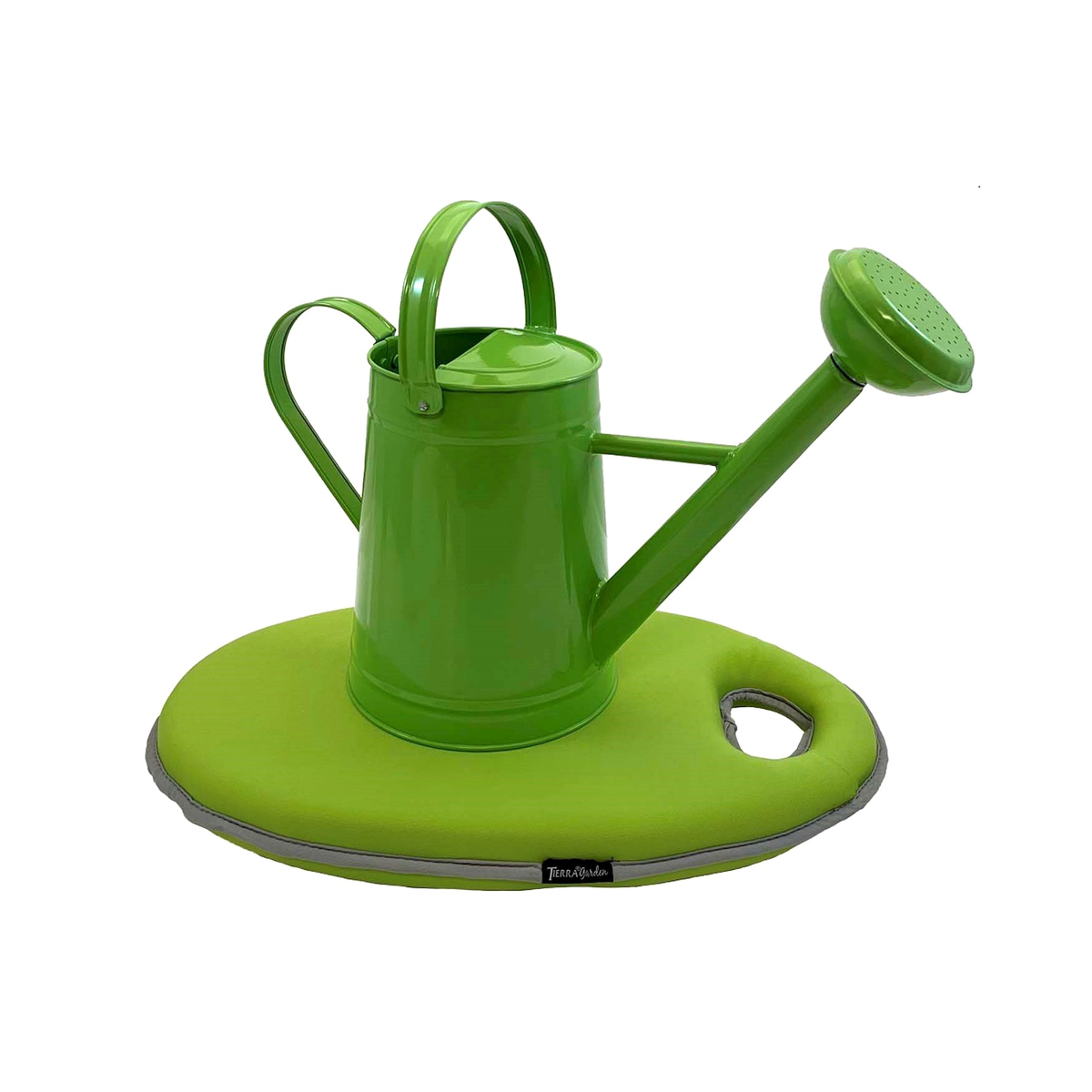 Green metal watering can and memory foam kneeling cushion set; can holds 1.2 gallons, cushion features waterproof neoprene cover.