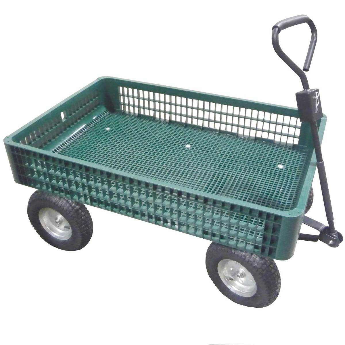 Greenhouse Wagon with Foam Wheels ideal for transporting garden essentials, featuring a gridded bottom and large all-terrain wheels.