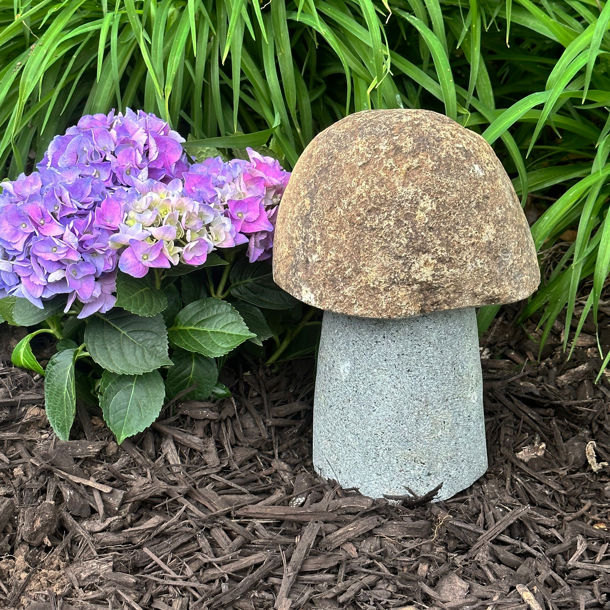 Hand carved natural granite mushroom stone, 12 inches tall, garden decor.